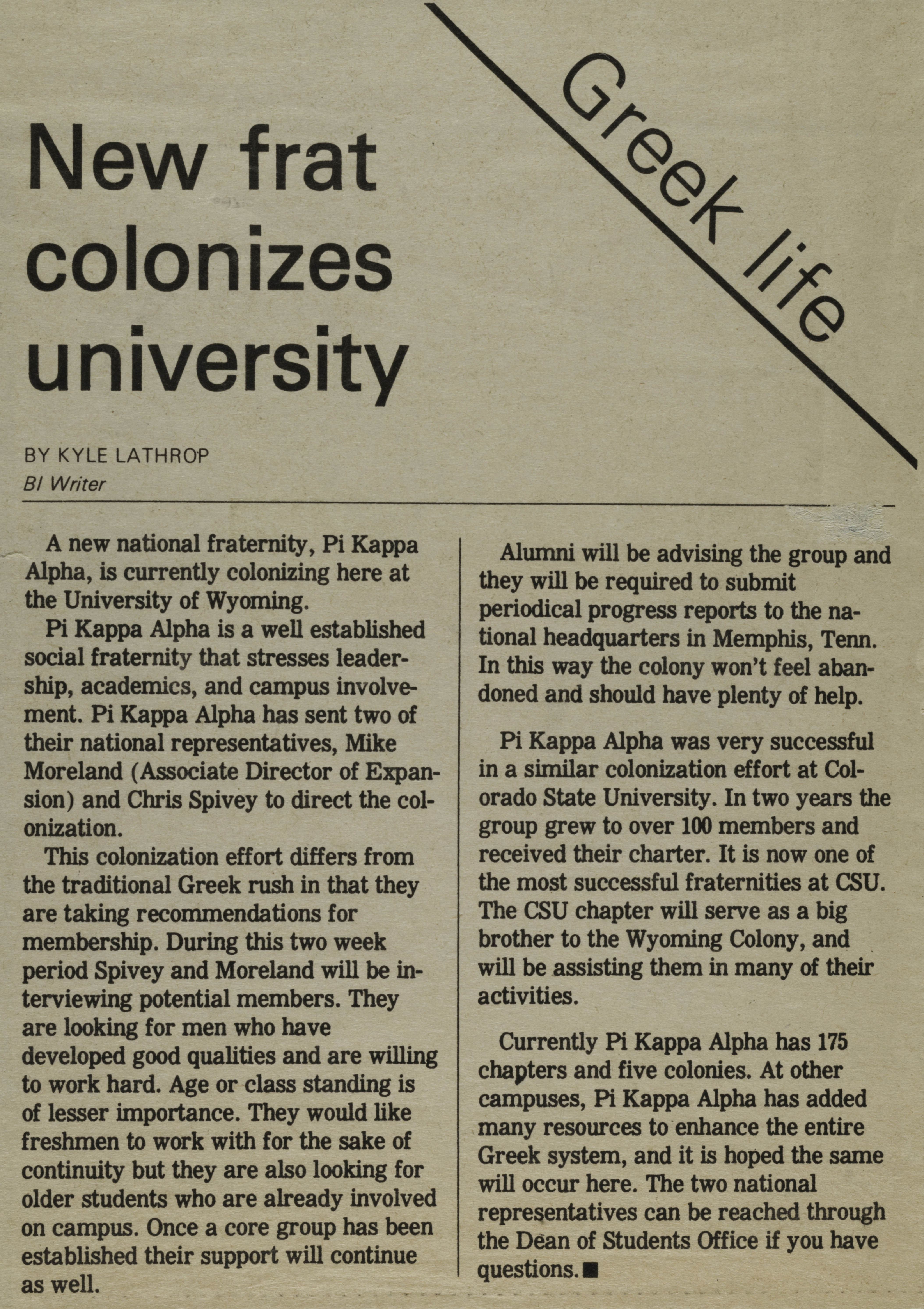 New Frat Colonizes University Newspaper Clipping, c. 1980s