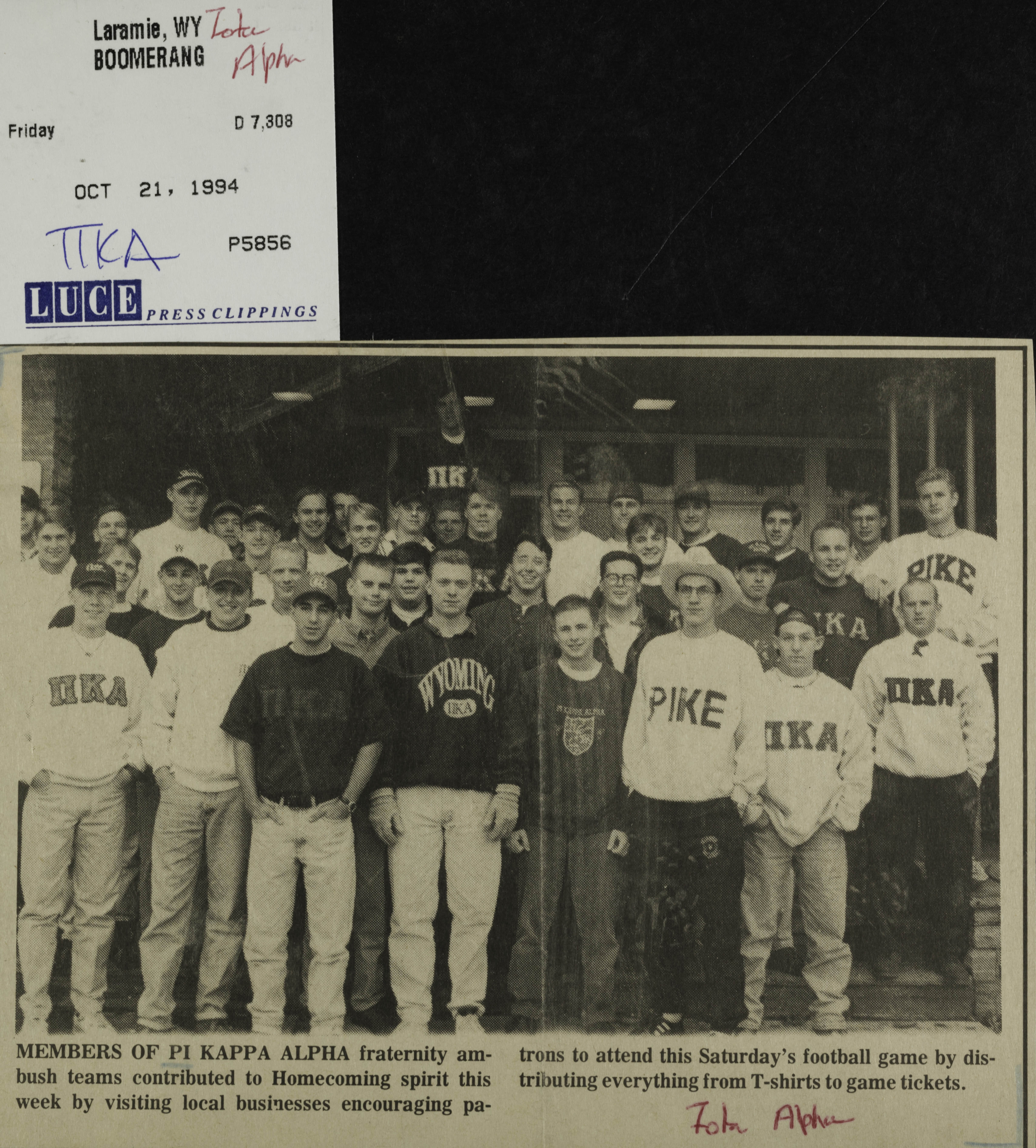 Members of Pi Kappa Alpha Newspaper Clipping, October 21, 1994