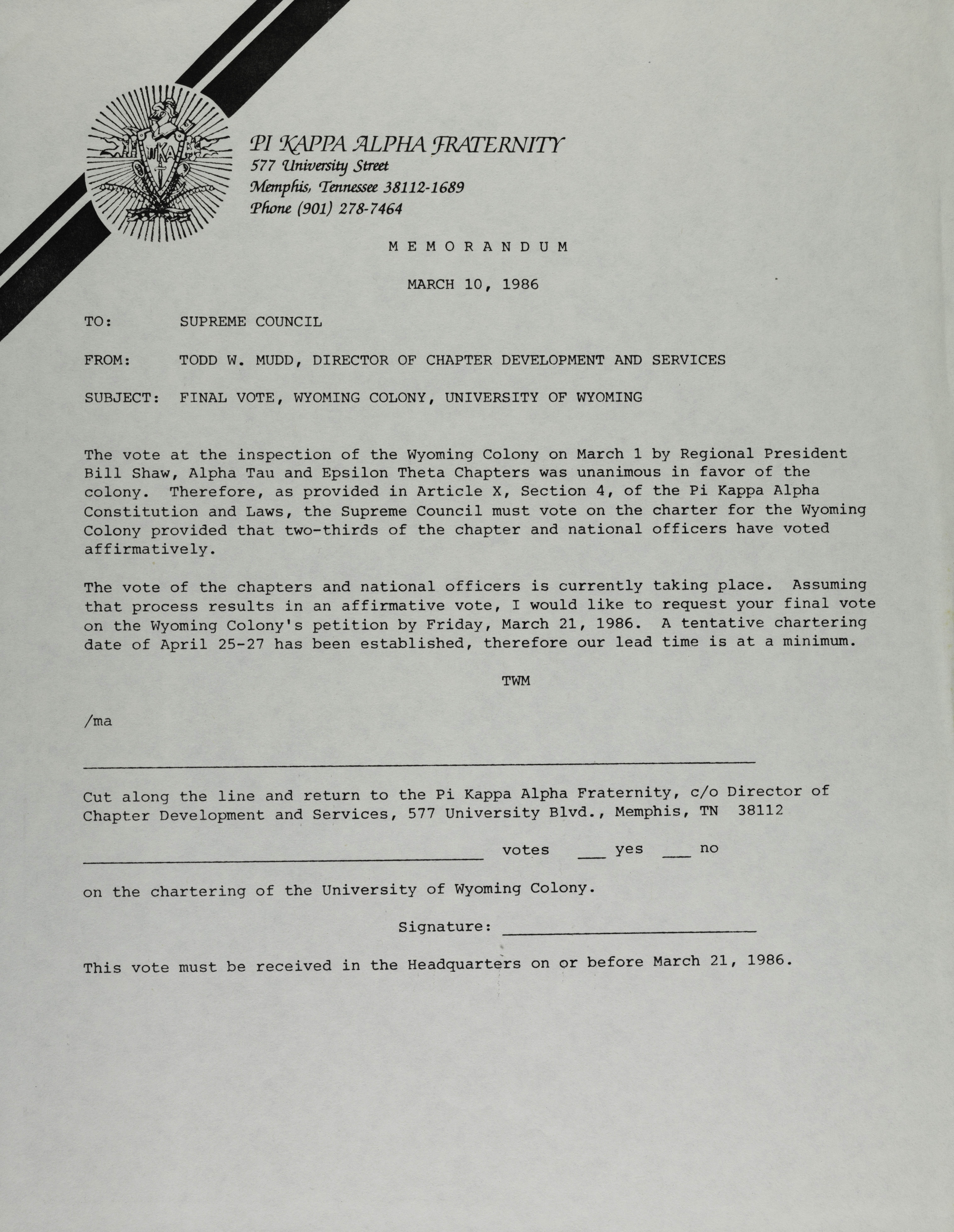 Todd Mudd to Supreme Council Memo, March 10, 1986