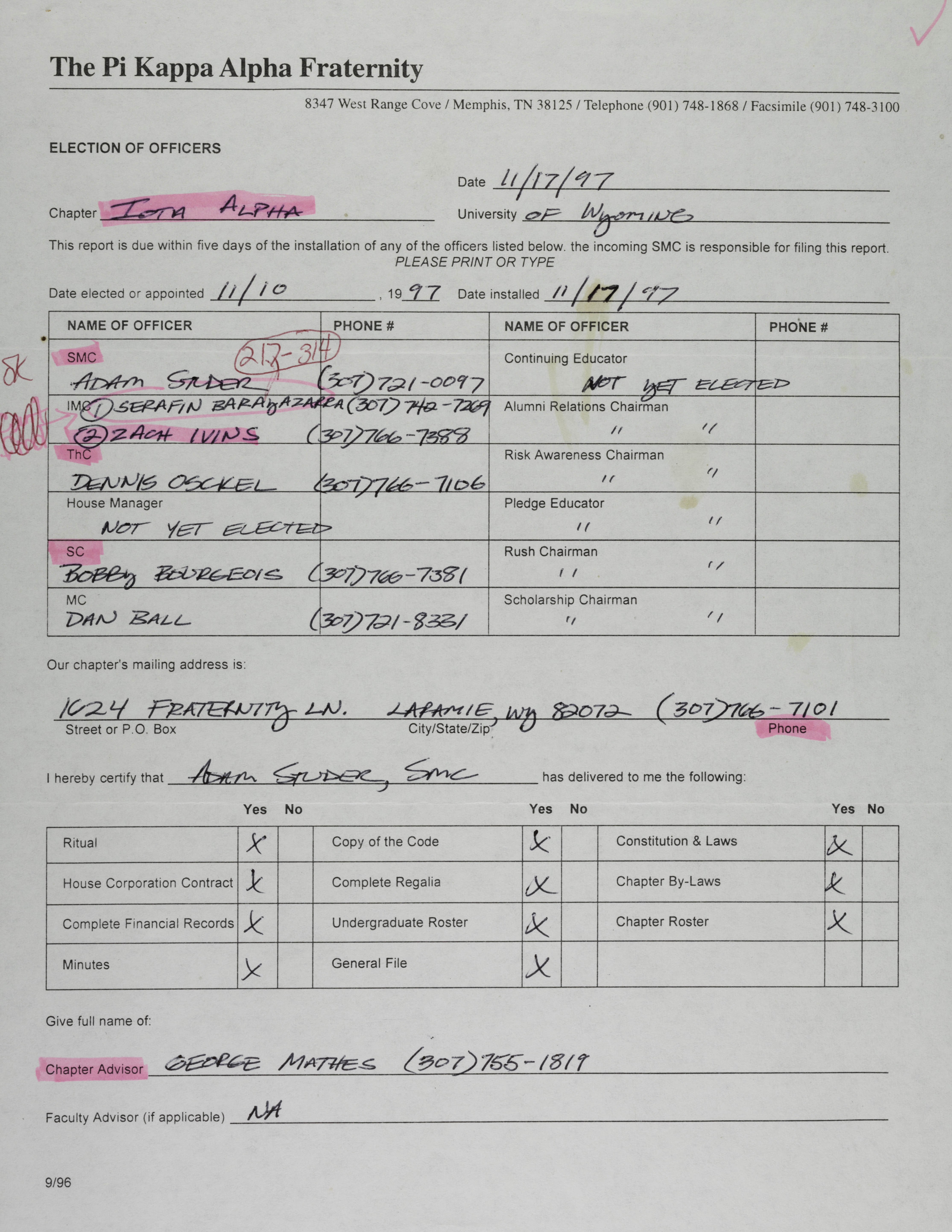 Election of Officers Form, November 17, 1997