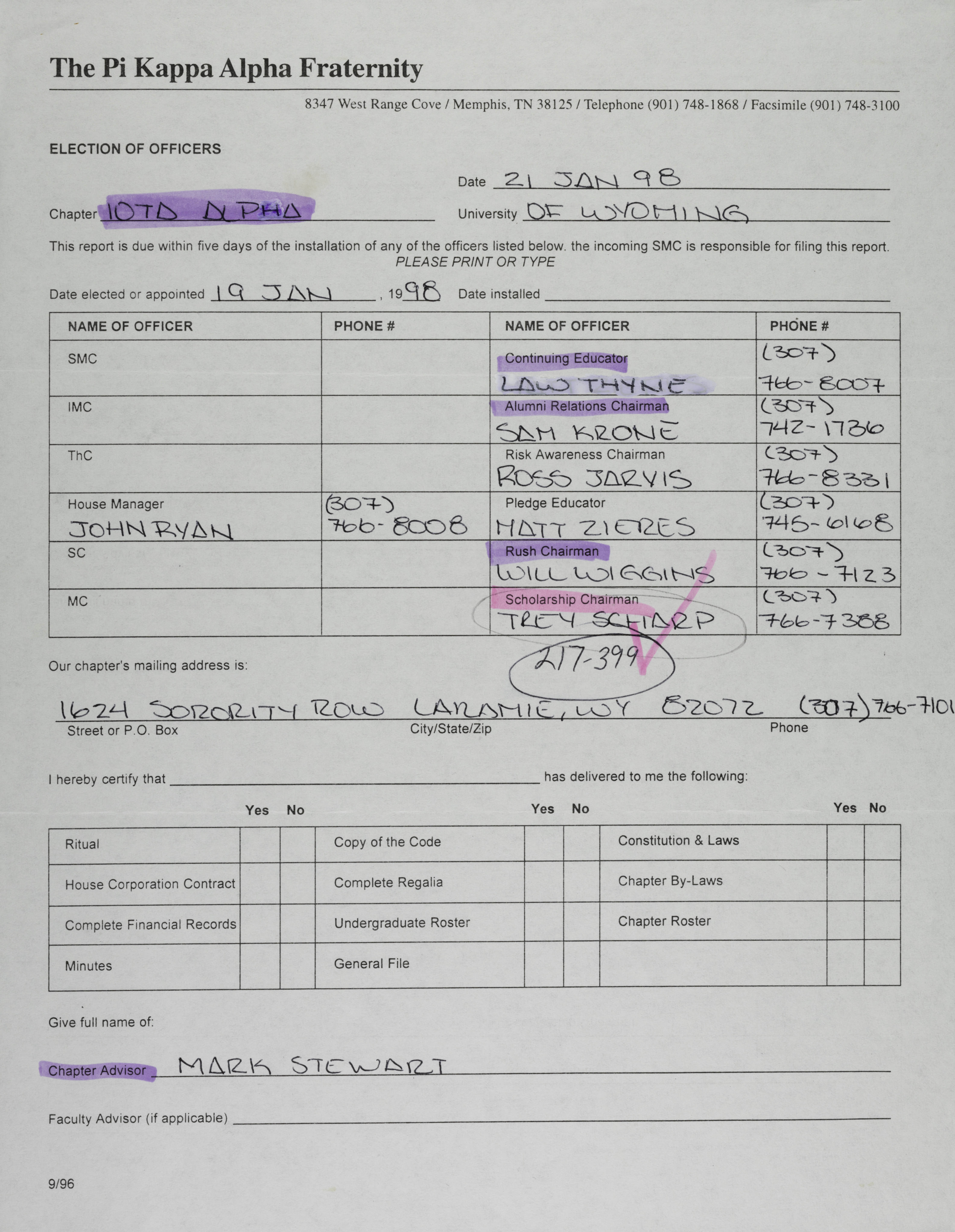 Election of Officers Form, January 21, 1998