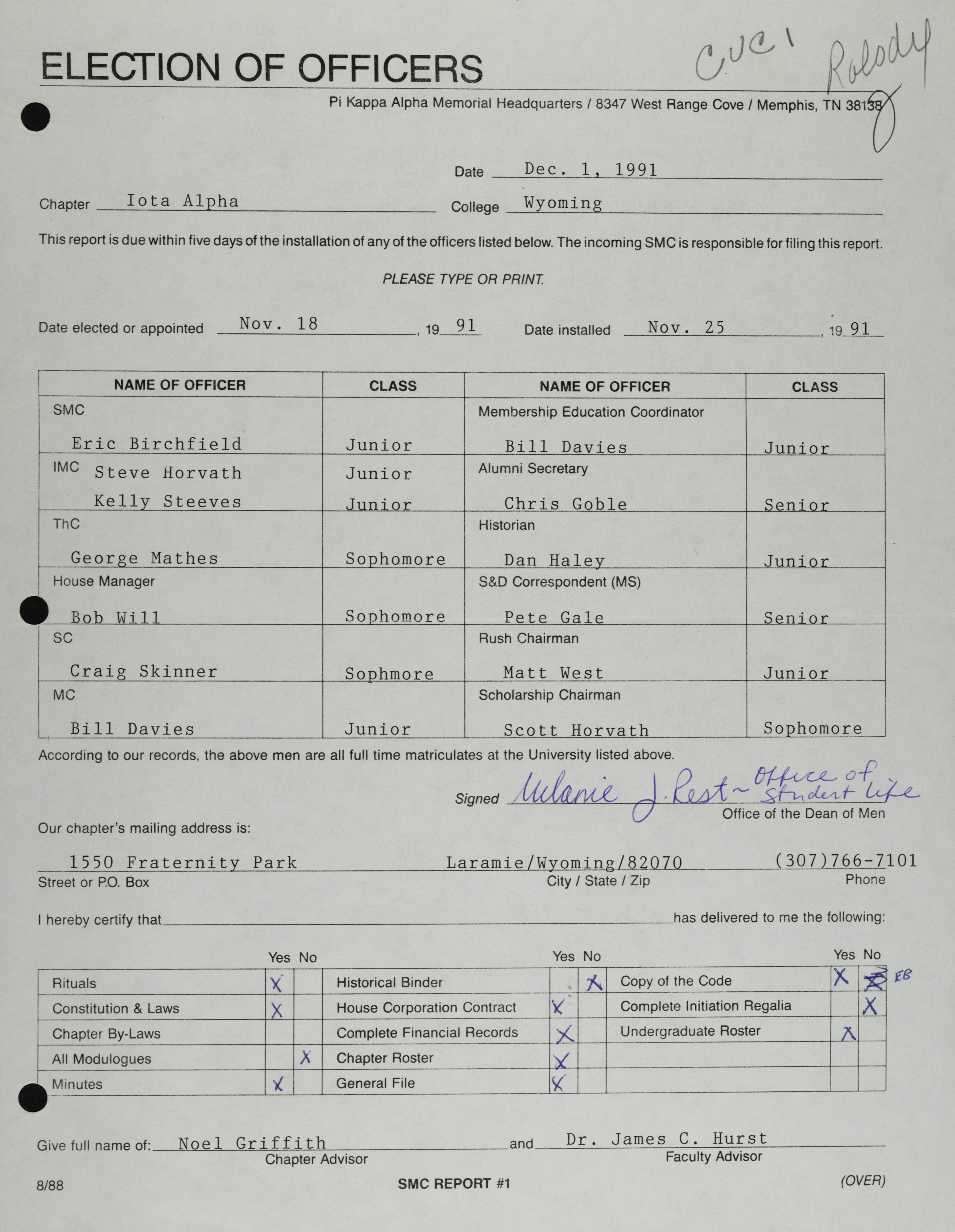 Election of Officers Form, December 1, 1991