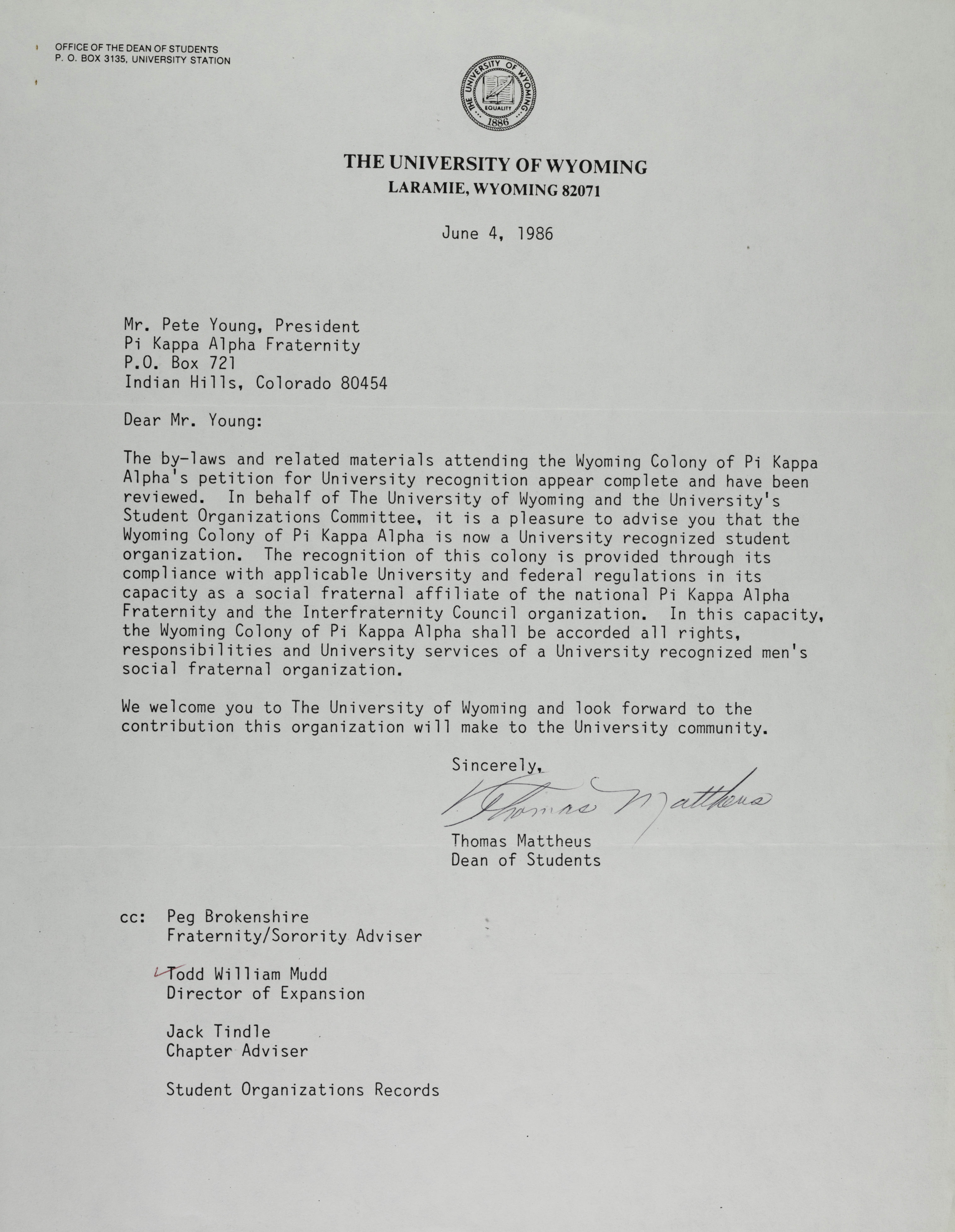 Thomas Mattheus to Pete Young Letter, June 4, 1986