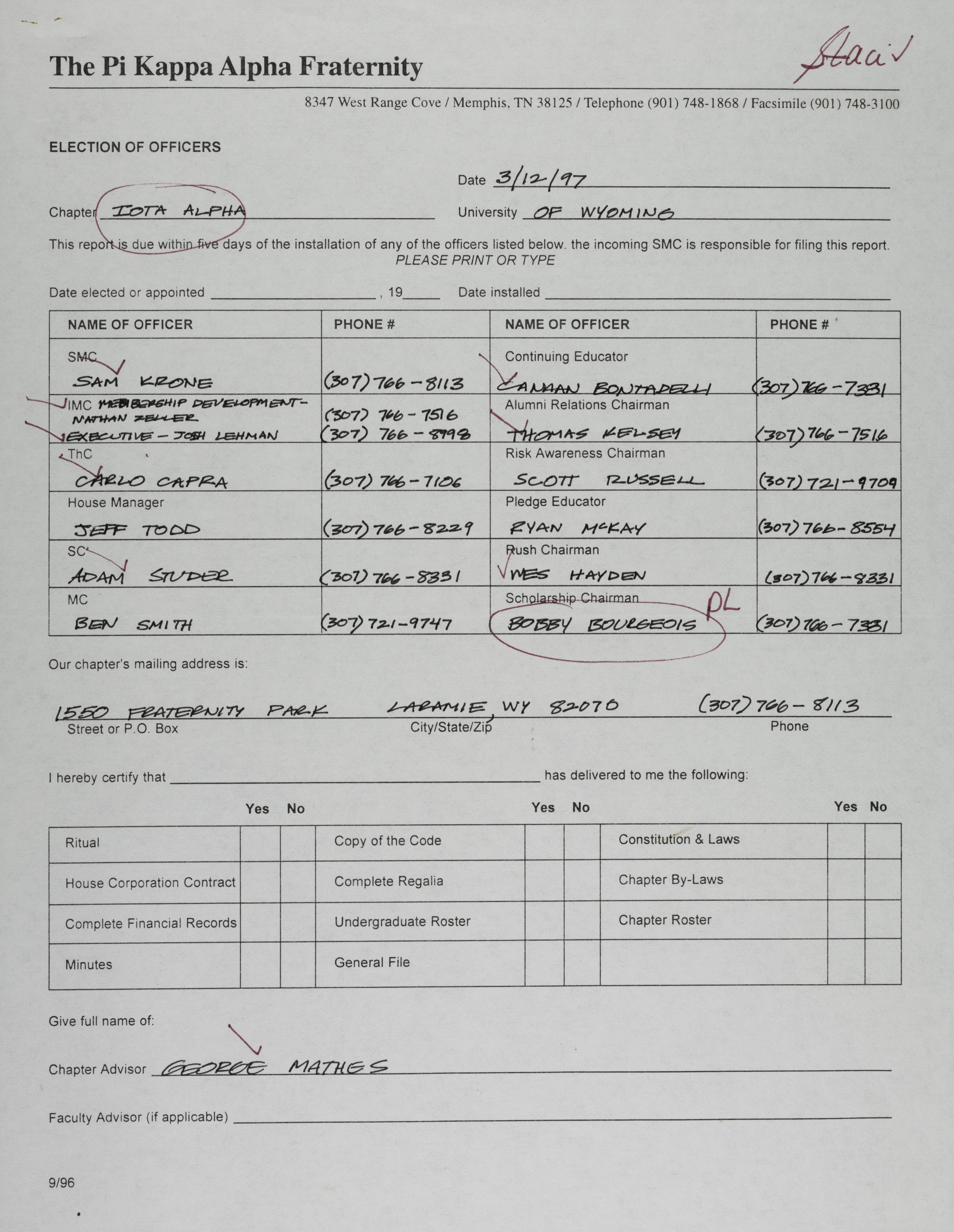 Election of Officers Form, March 12, 1997