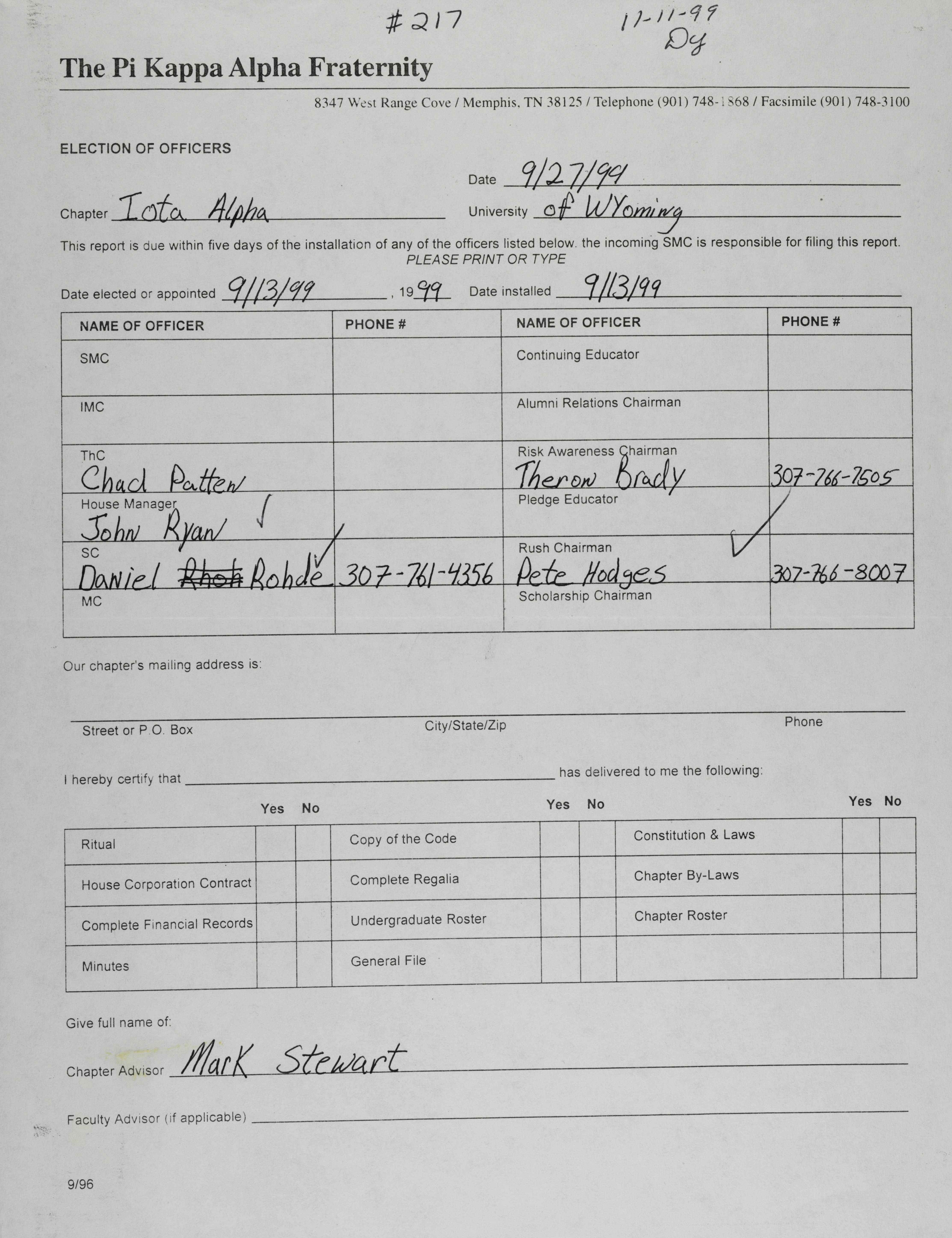 Election of Officers Form, September 27, 1999
