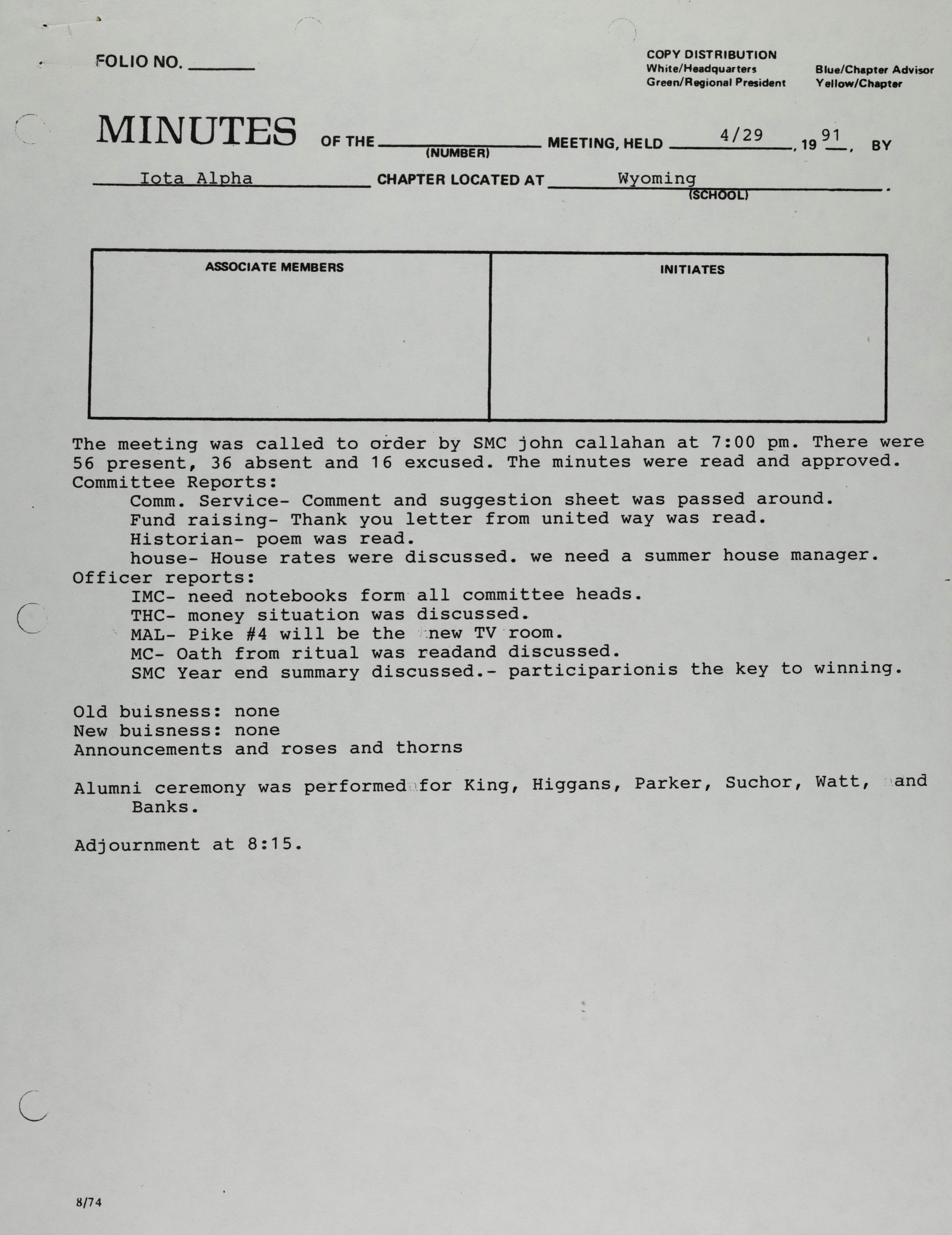 Iota Alpha Chapter Meeting Minutes, April 29, 1991