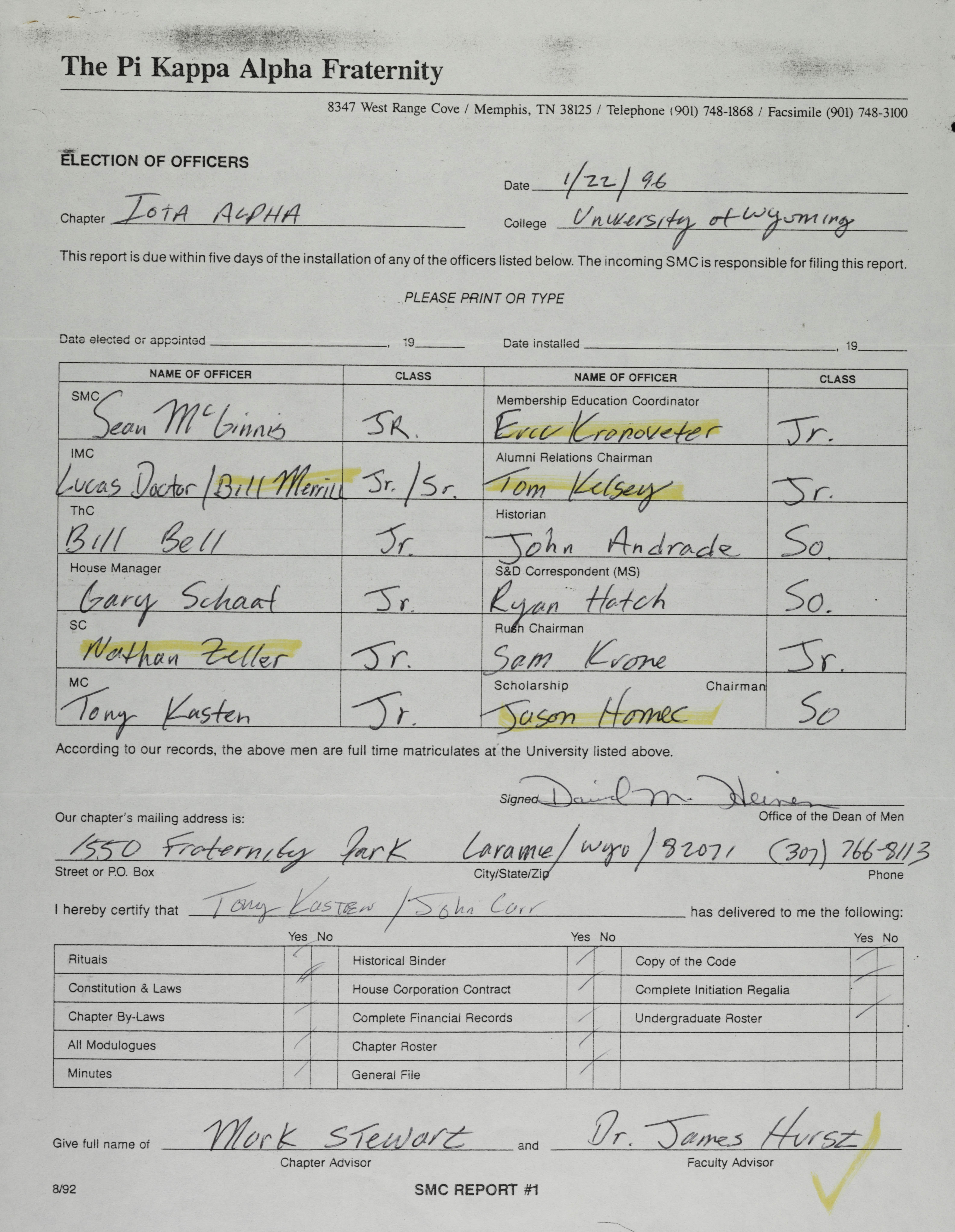Election of Officers Form, January 22, 1996