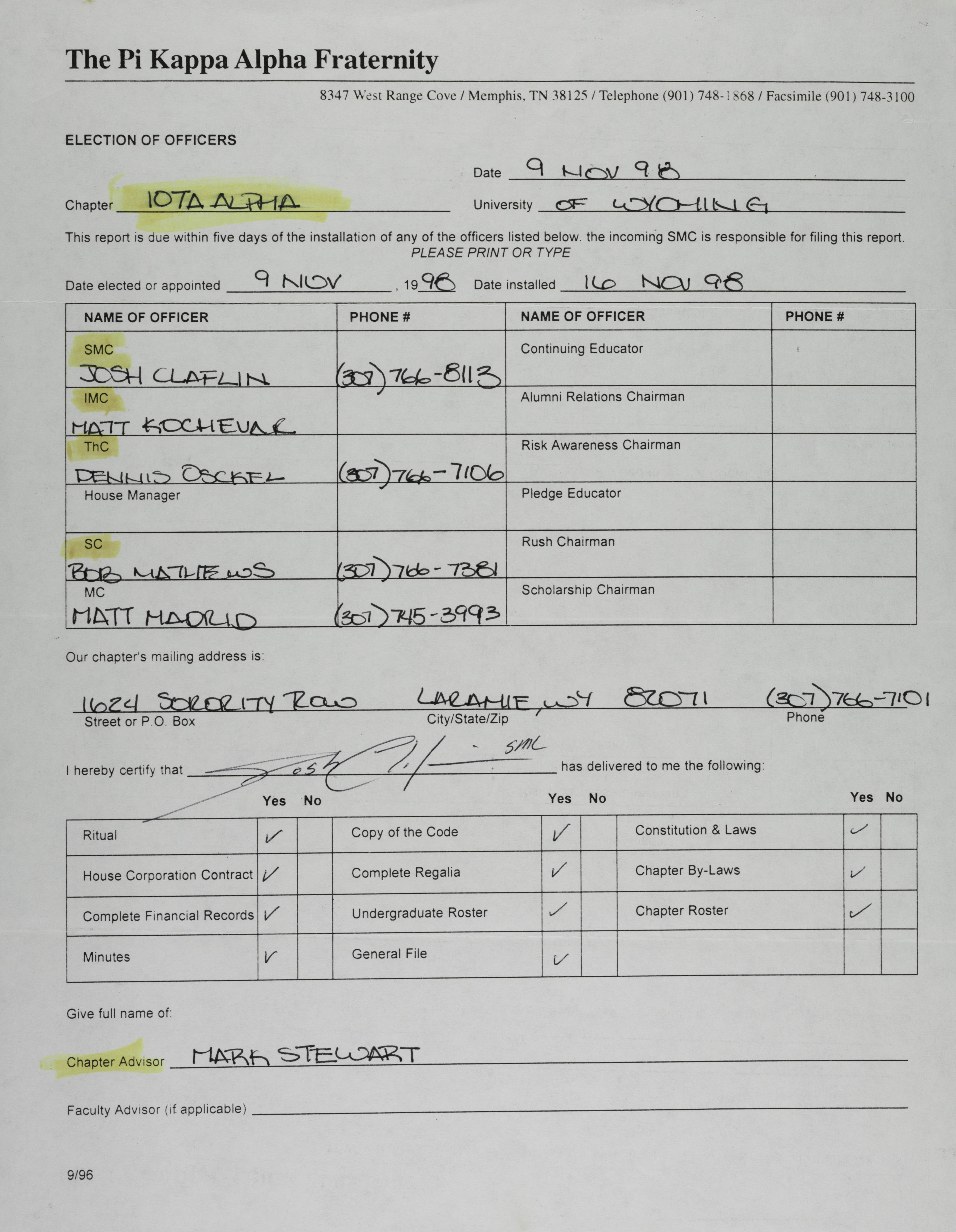 Election of Officers Form, November 9, 1998