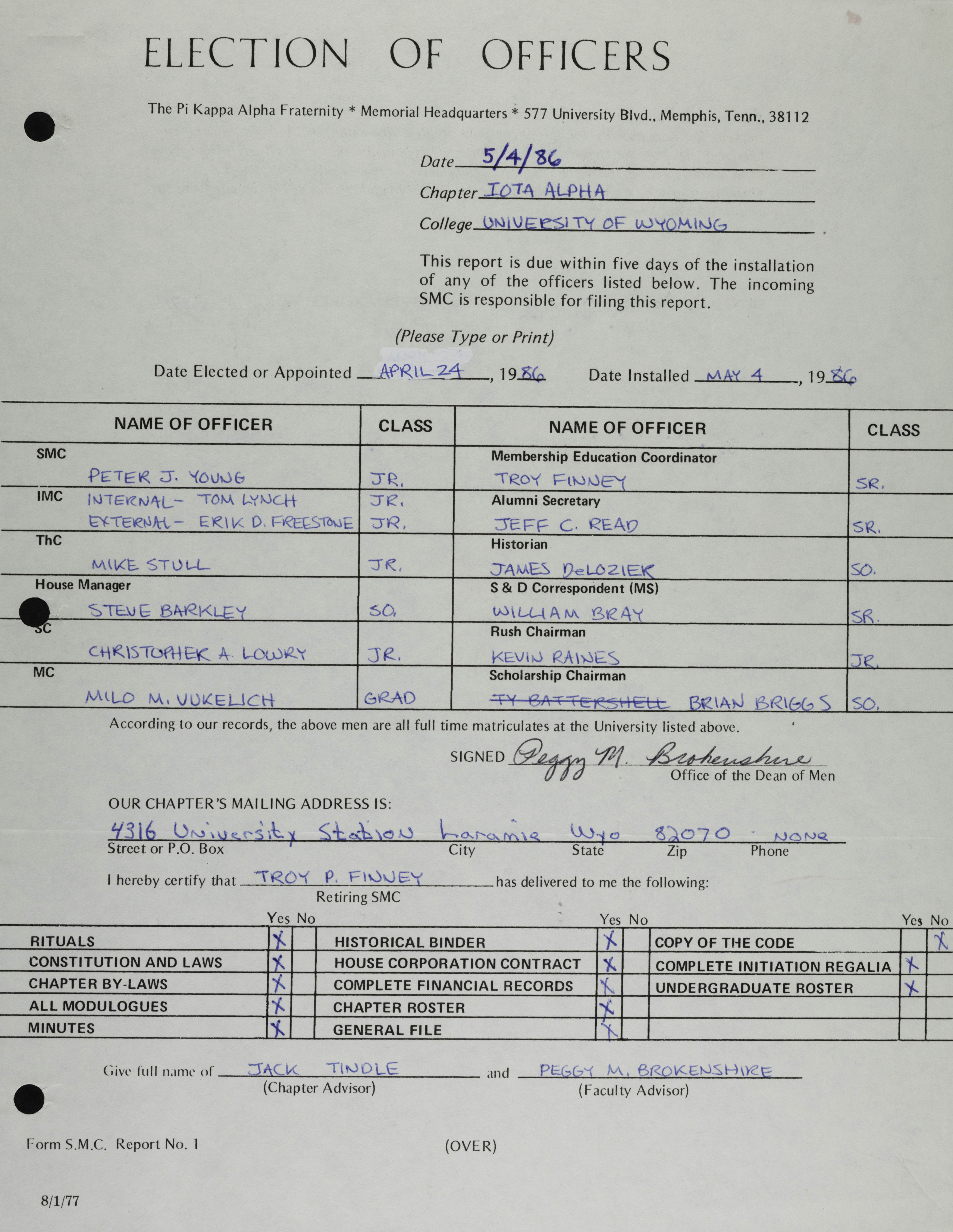 Election of Officers Form, May 4, 1986