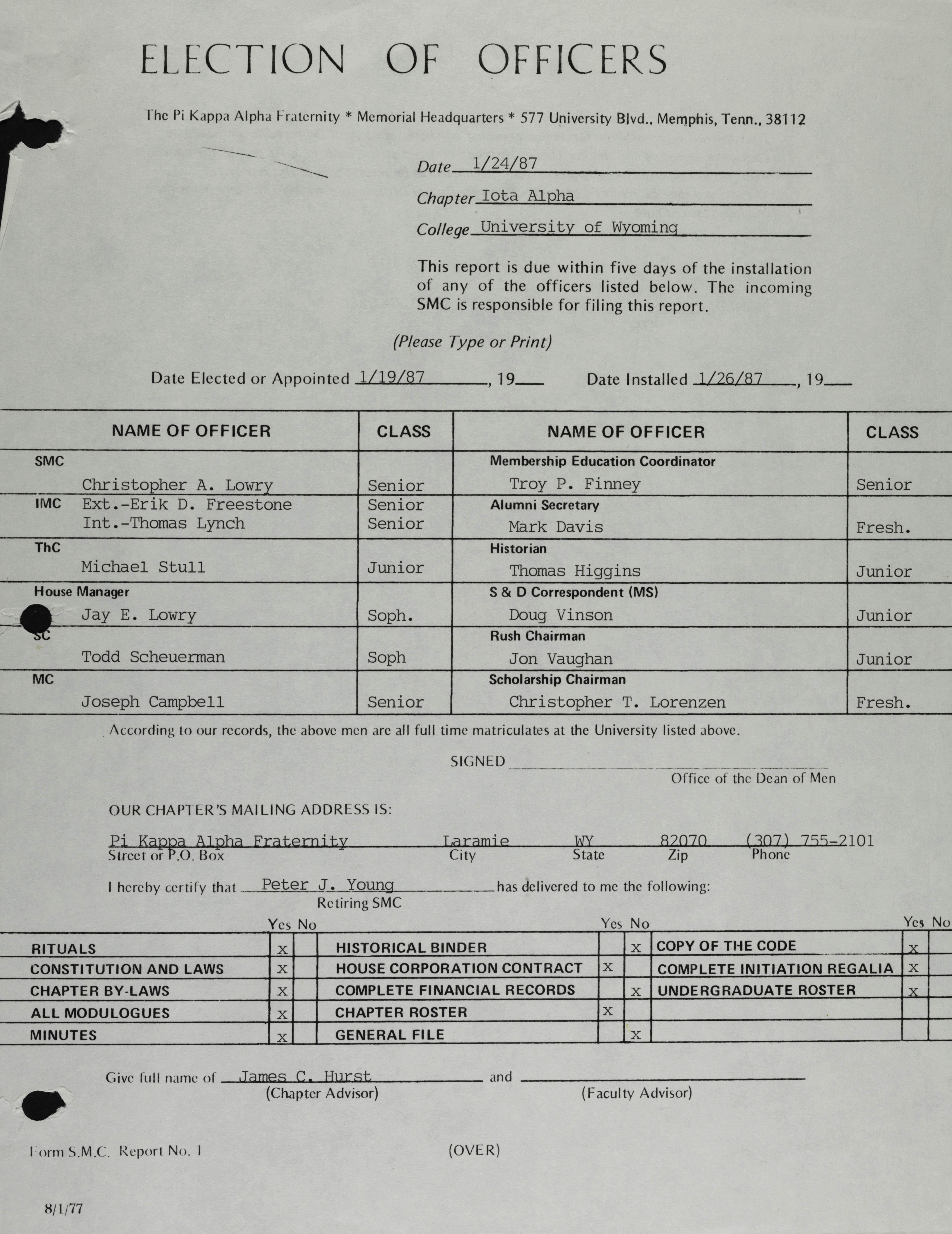Election of Officers Form, January 24, 1987
