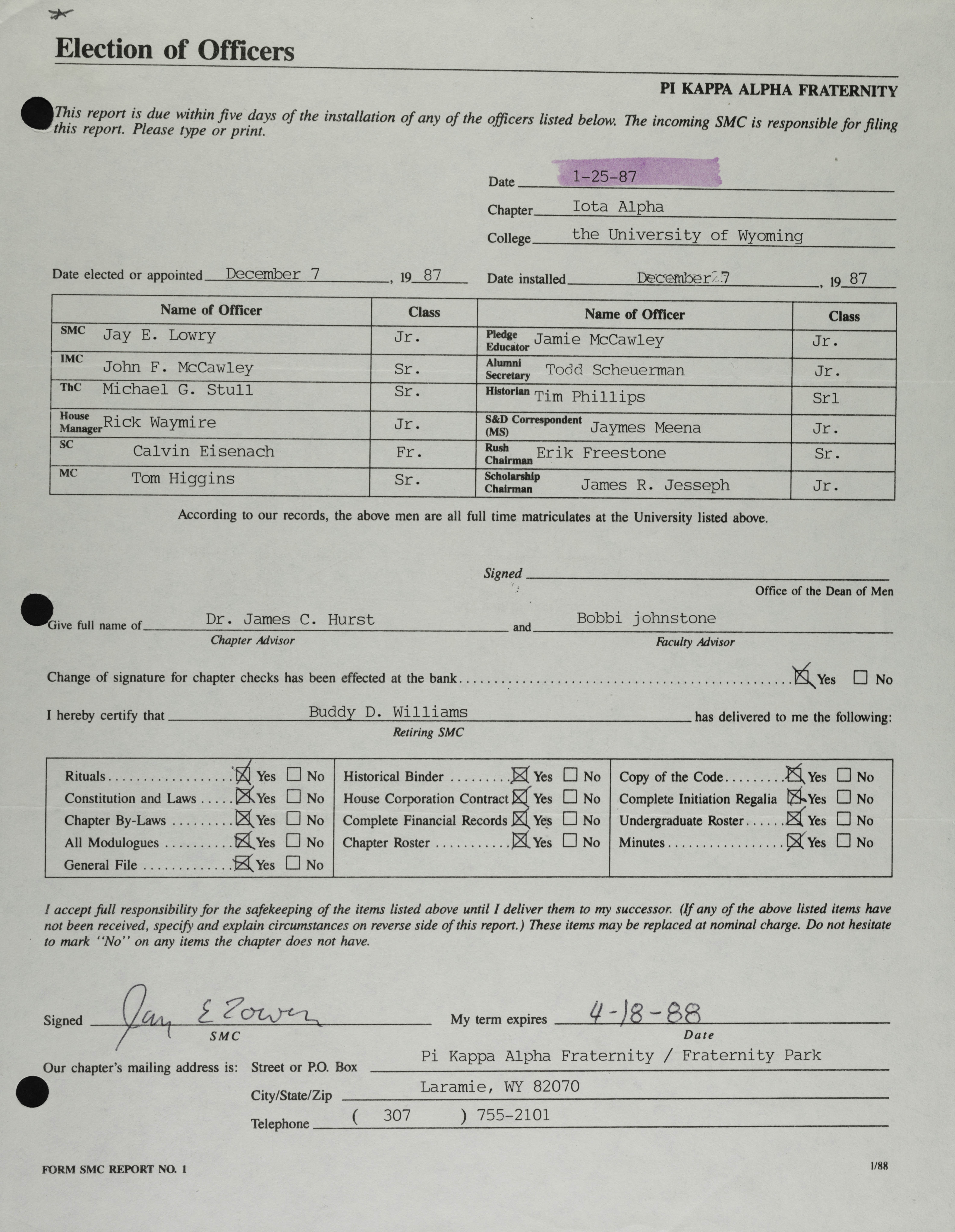 Election of Officers Form, January 25, 1987
