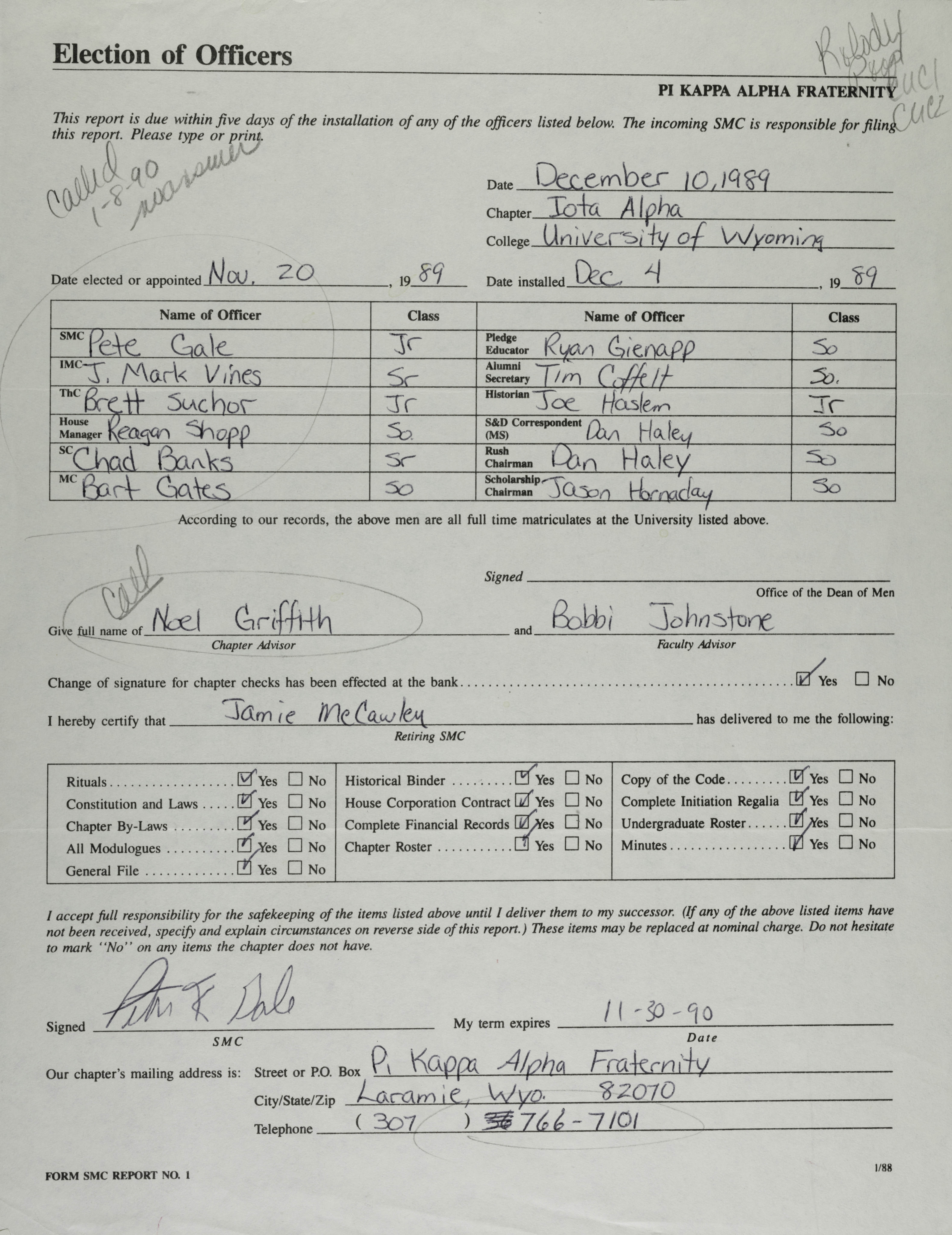 Election of Officers Form, December 10, 1989