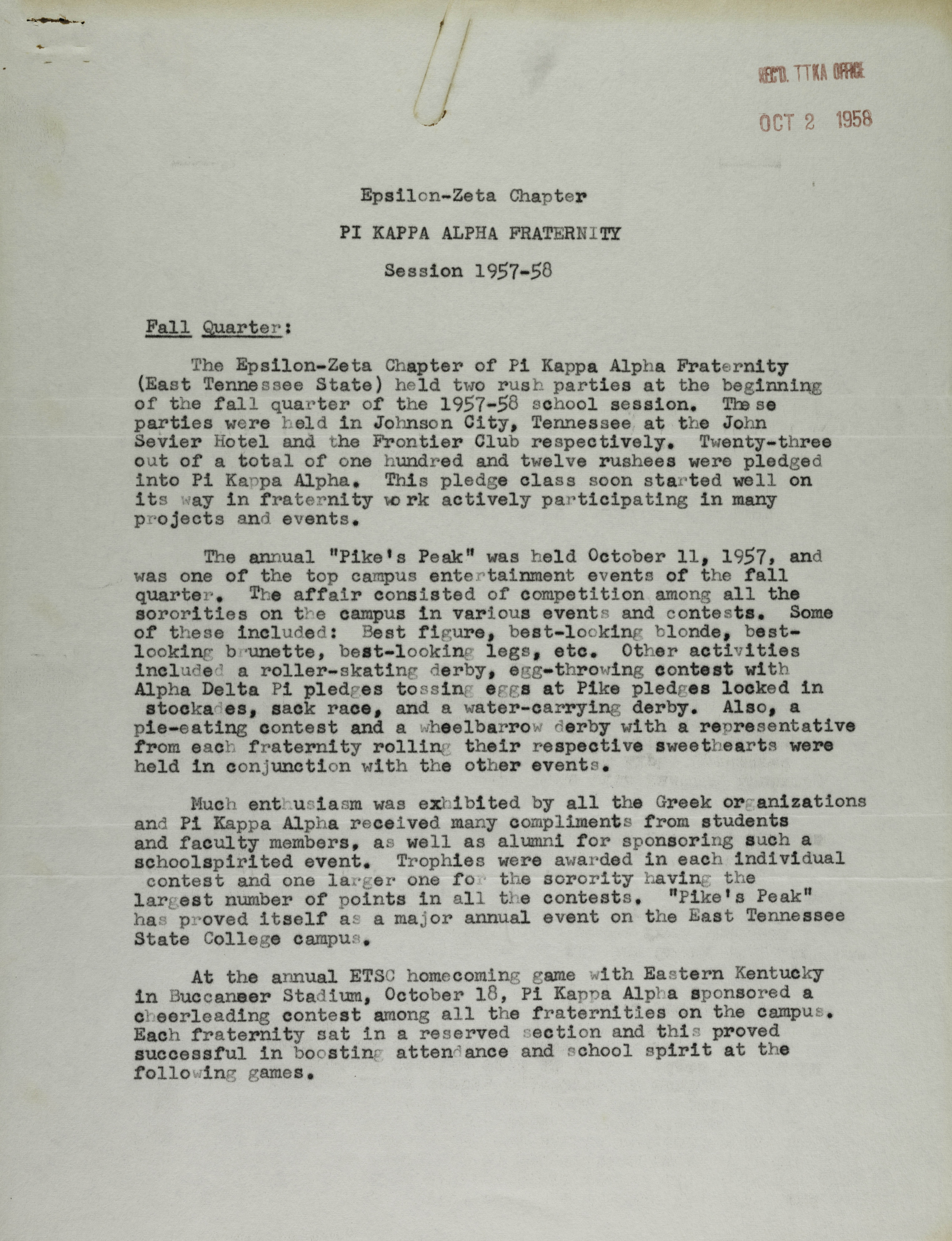 Epsilon-Zeta Chapter Report, 1957-1958