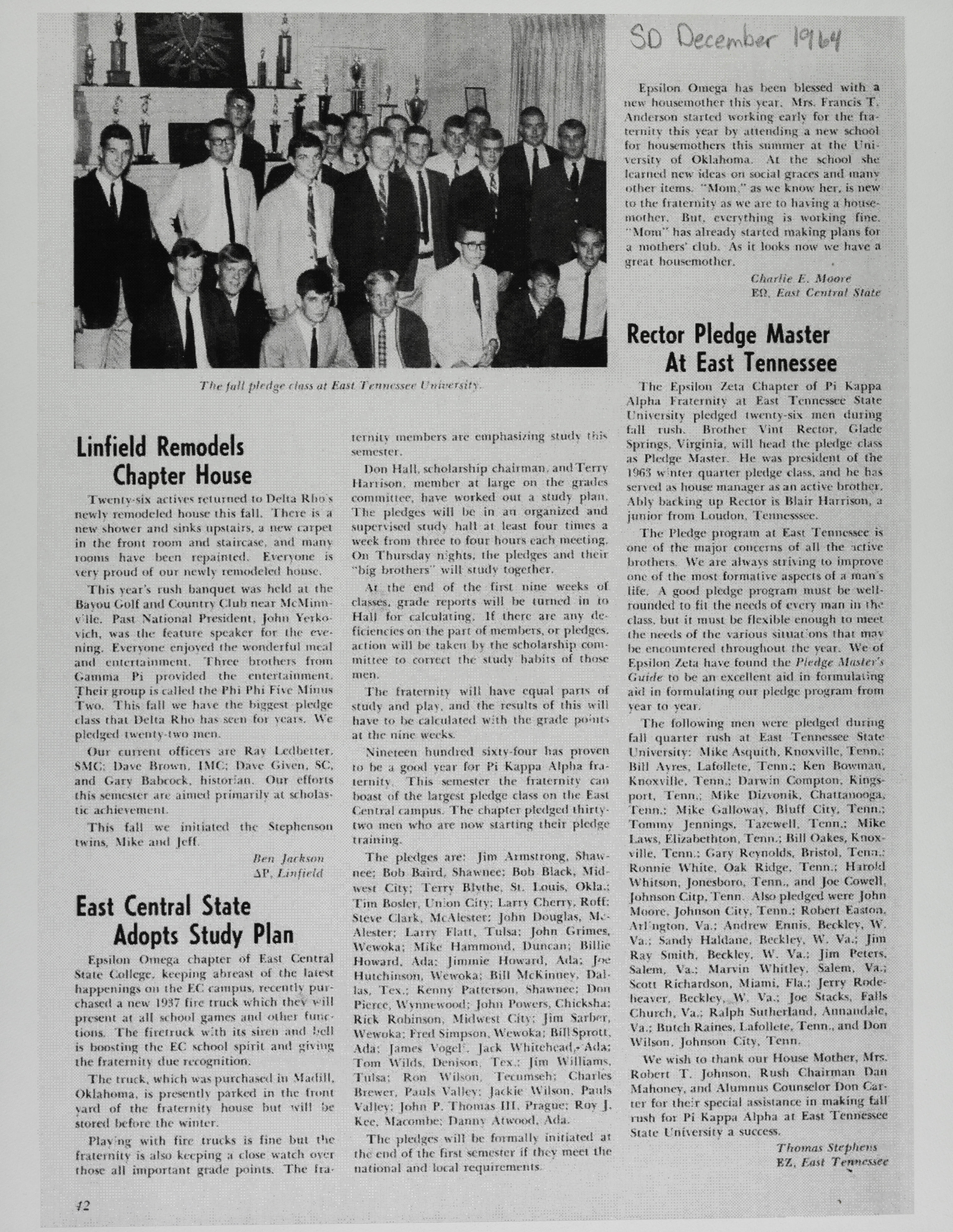 Rector Pledge Master at East Tennessee Magazine Clipping, December 1964