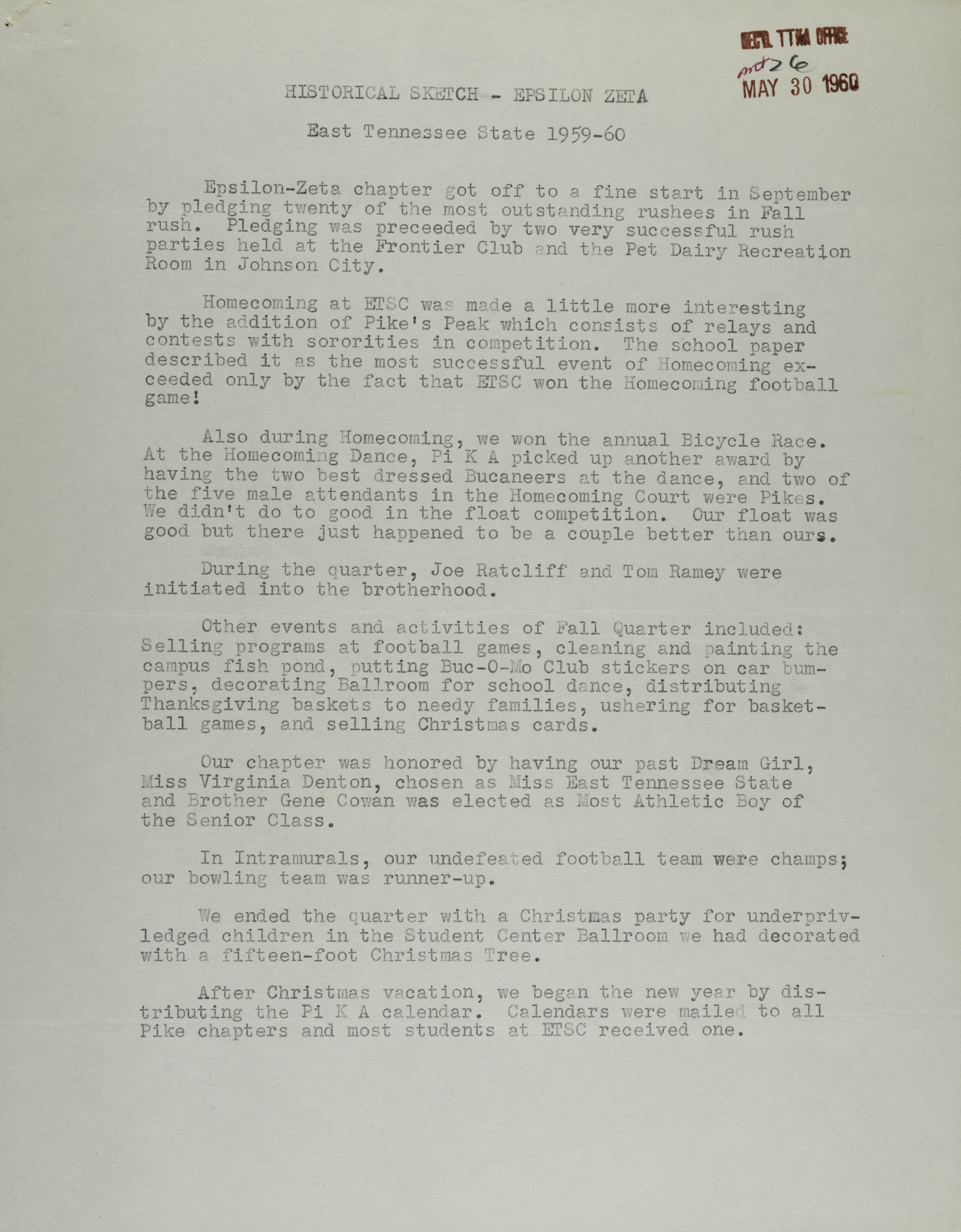 Historical Sketch-Epsilon Zeta, East Tennessee State, 1959-1960