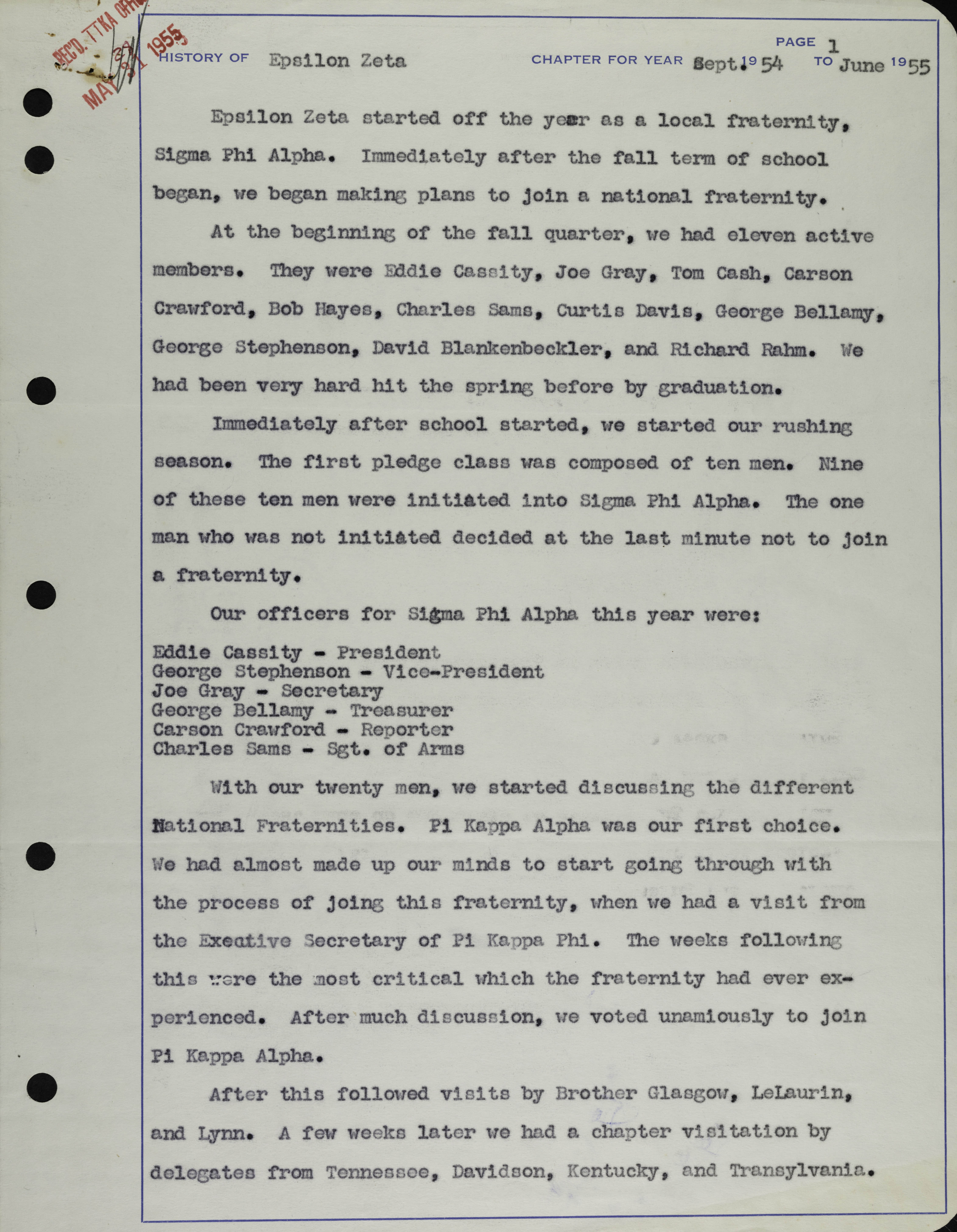 History of Epsilon Zeta Chapter, September 1954-June 1955
