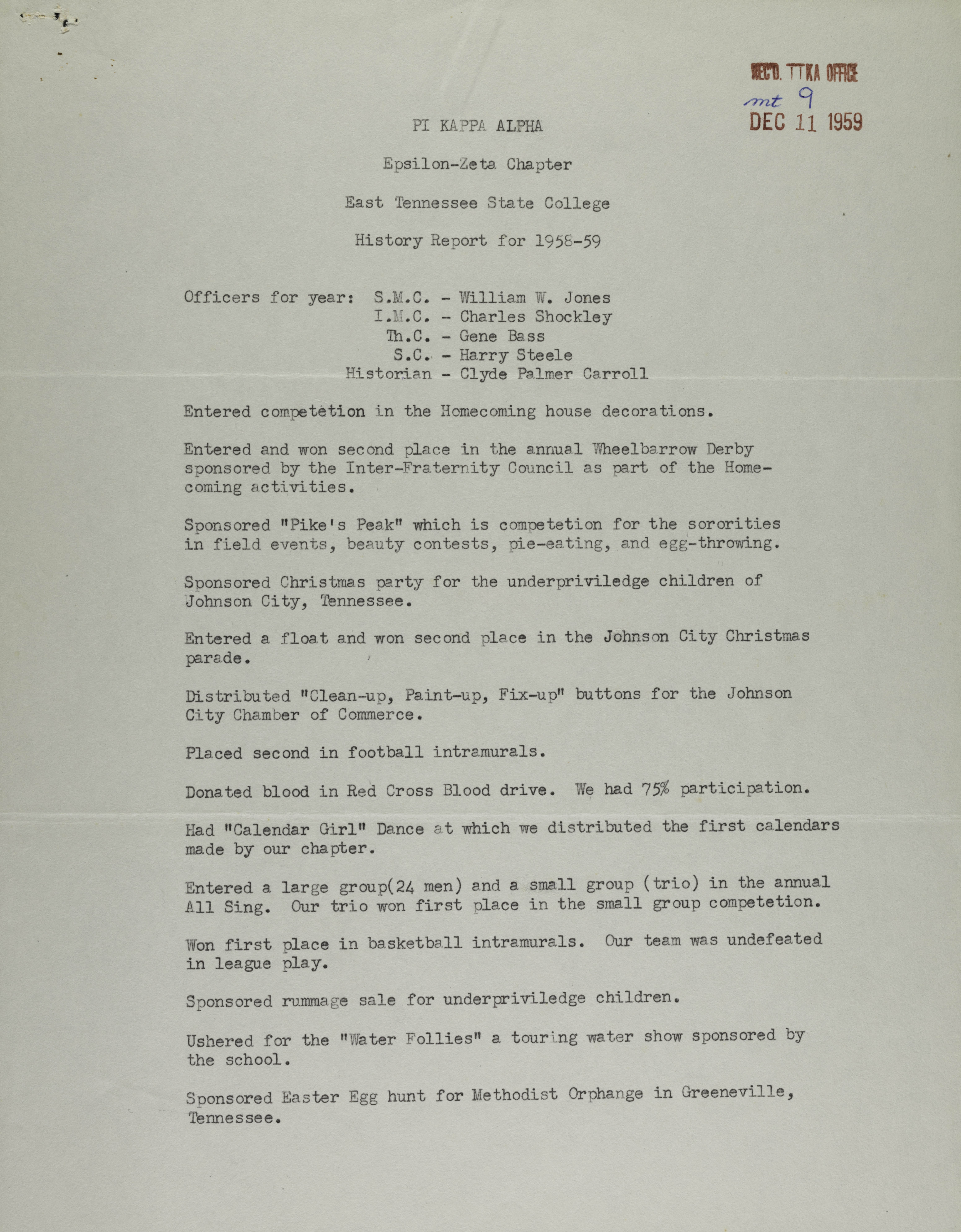 Epsilon-Zeta Chapter, East Tennessee State College History Report, 1958-1959