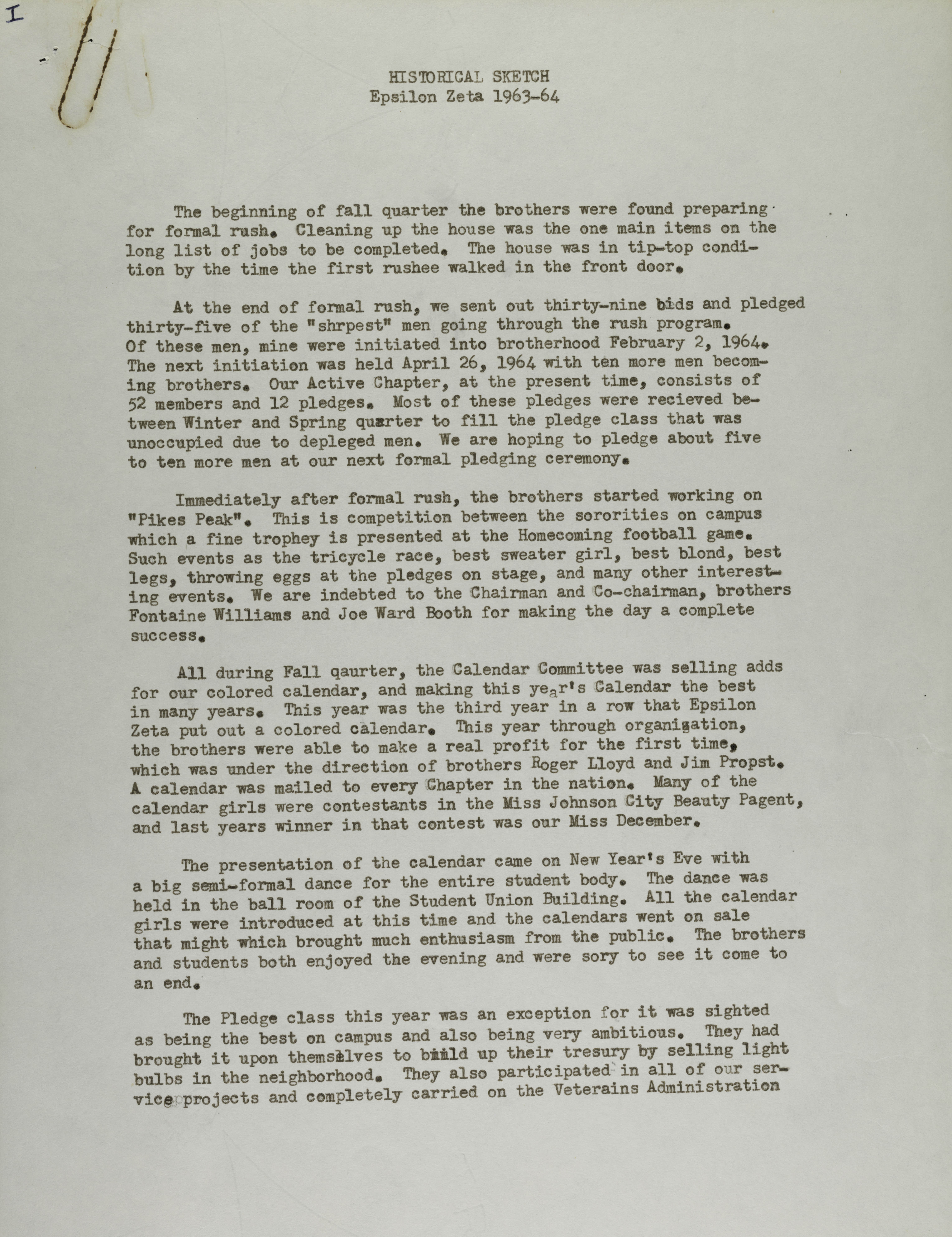 Historical Sketch-Epsilon Zeta, 1963-1964