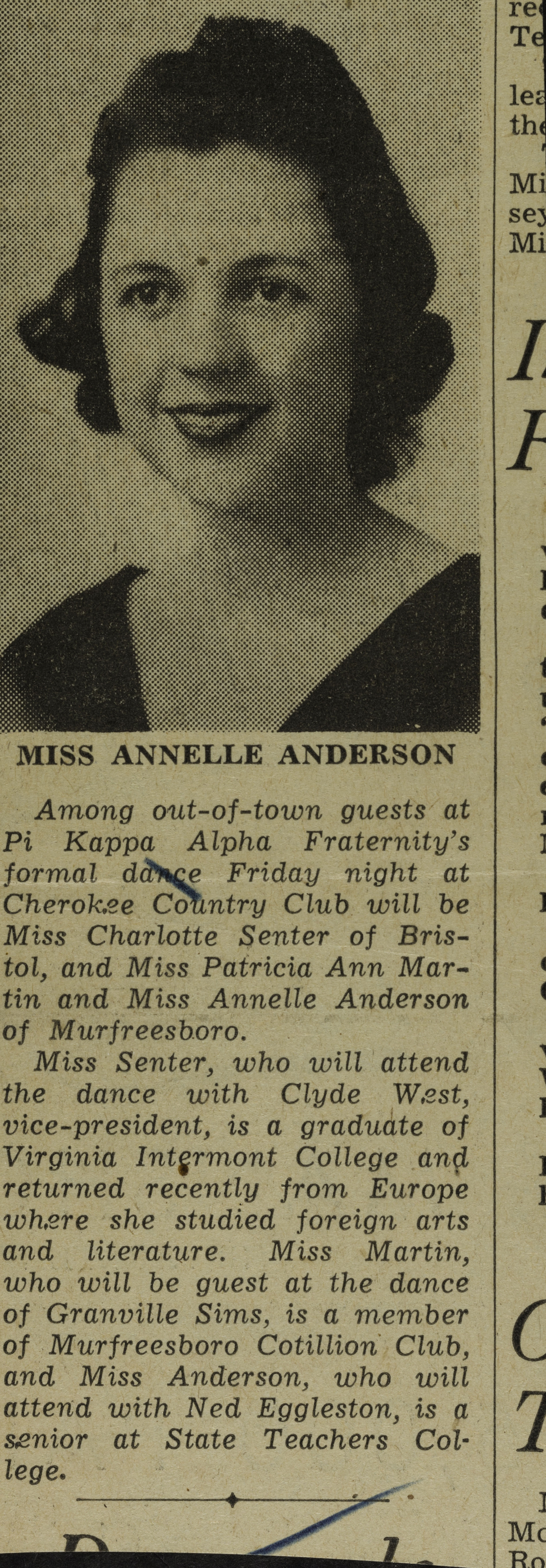 Miss Annelle Anderson Newspaper Clipping, February 25, 1940