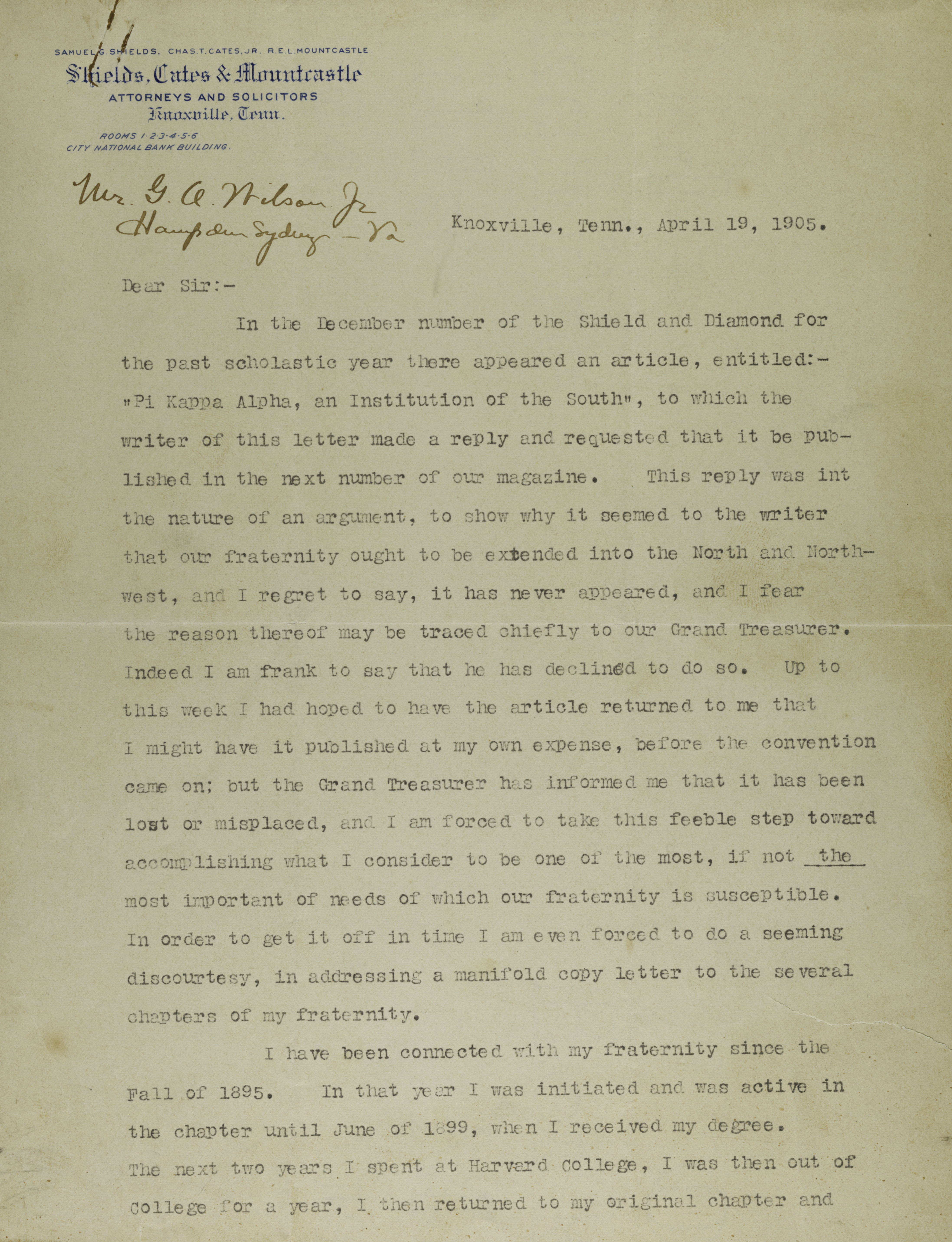 John Hudson to G.A. Wilson Letter, April 19, 1905