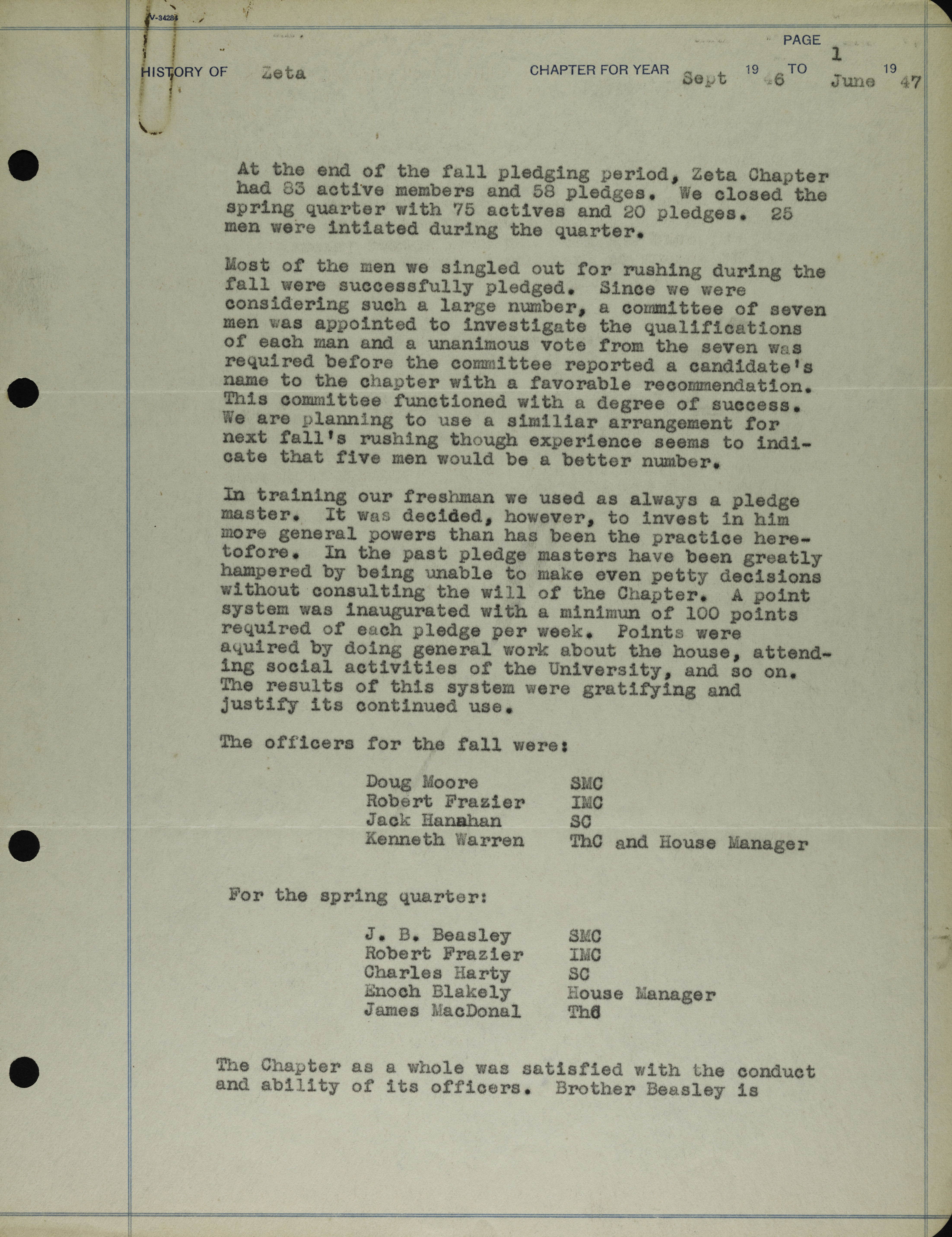 History of Zeta Chapter 1, September 1946- June 1947