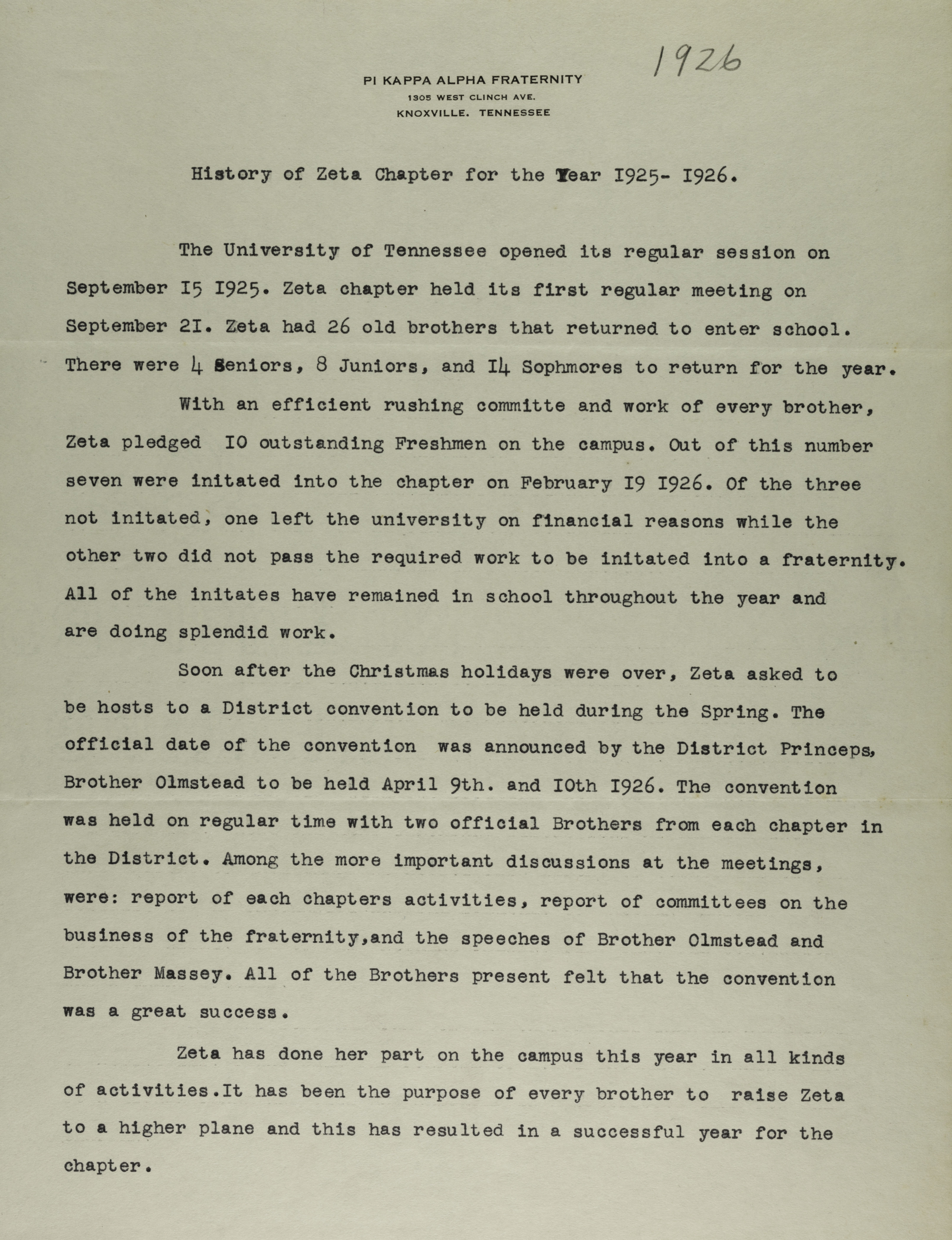 History of Zeta Chapter for the Year 1925-1926