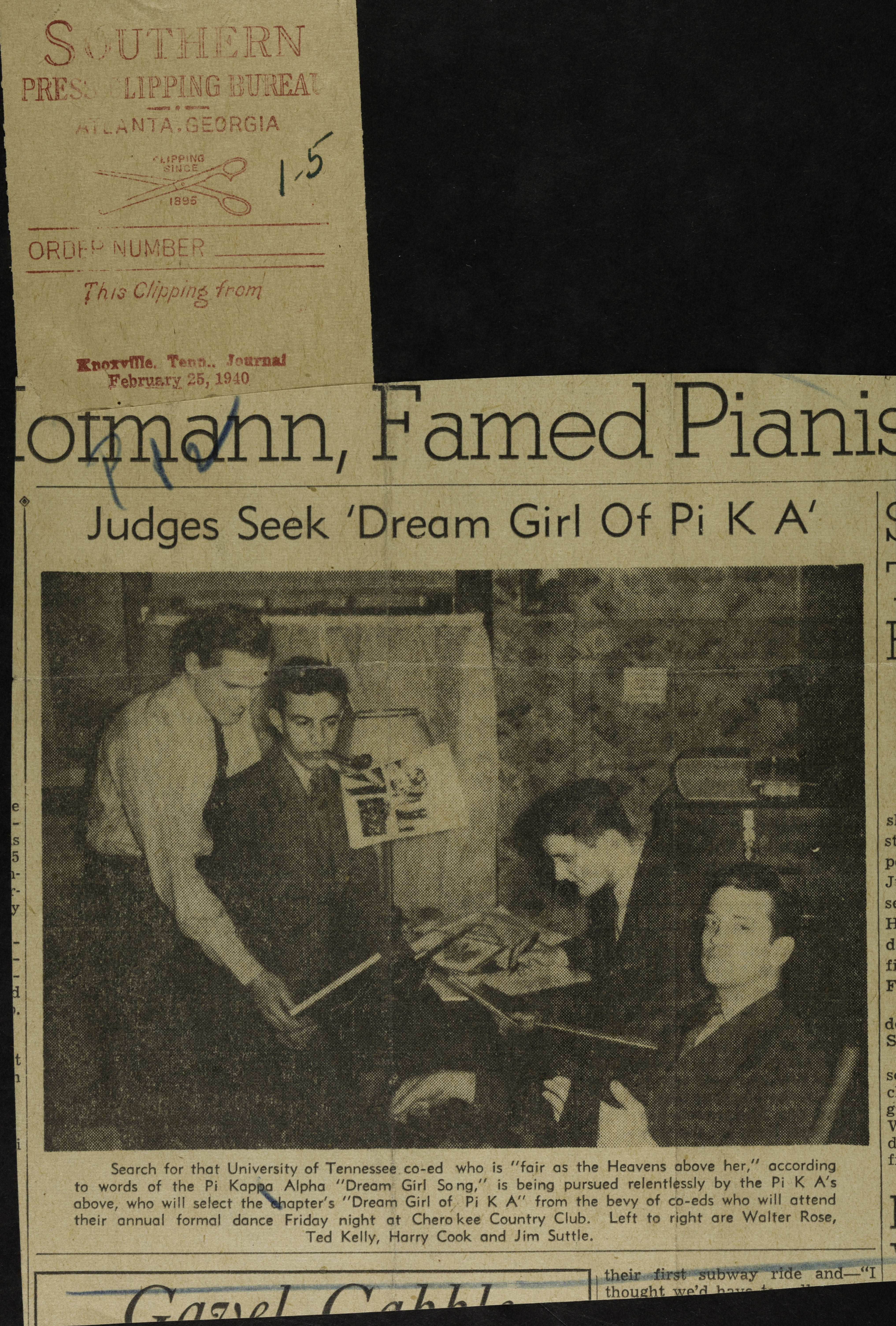 Judges Seek 'Dream Girl' of Pi K A Newspaper Clipping, February 25, 1940