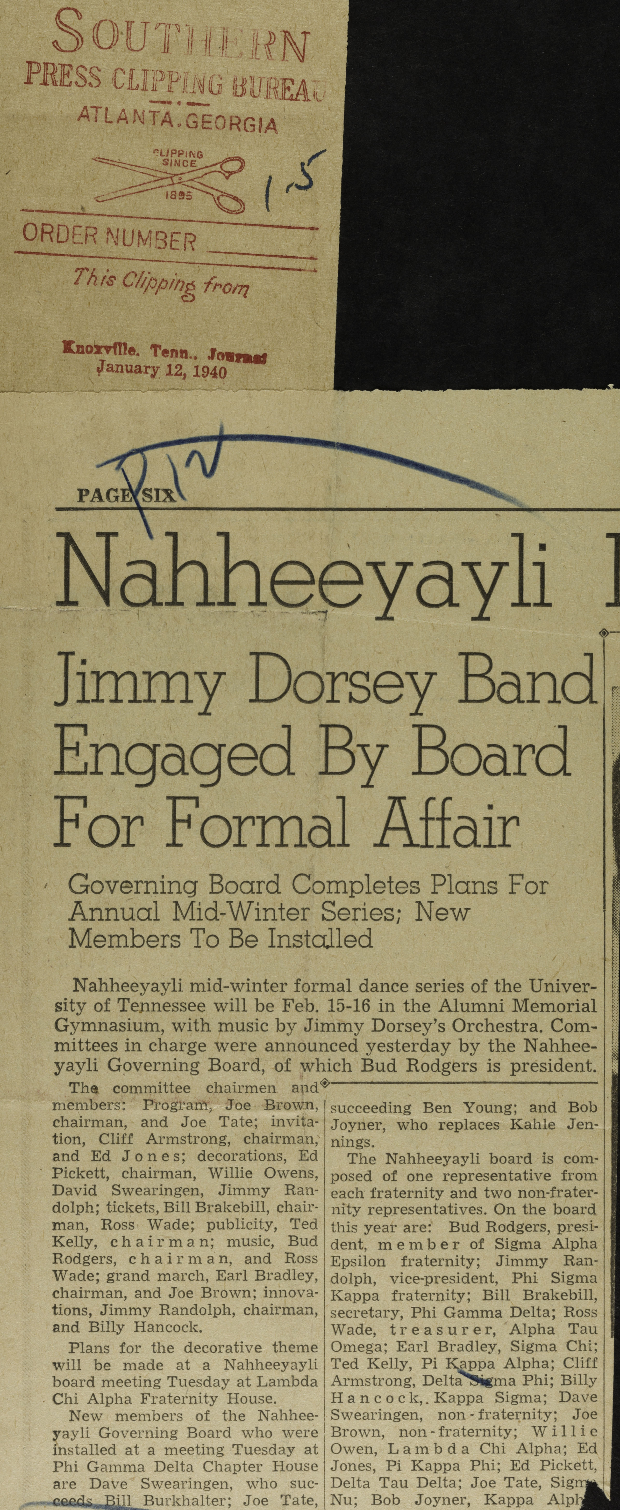Jimmy Dorsey Band Engaged by Board for Formal Affair Newspaper Clipping, January 12, 1940