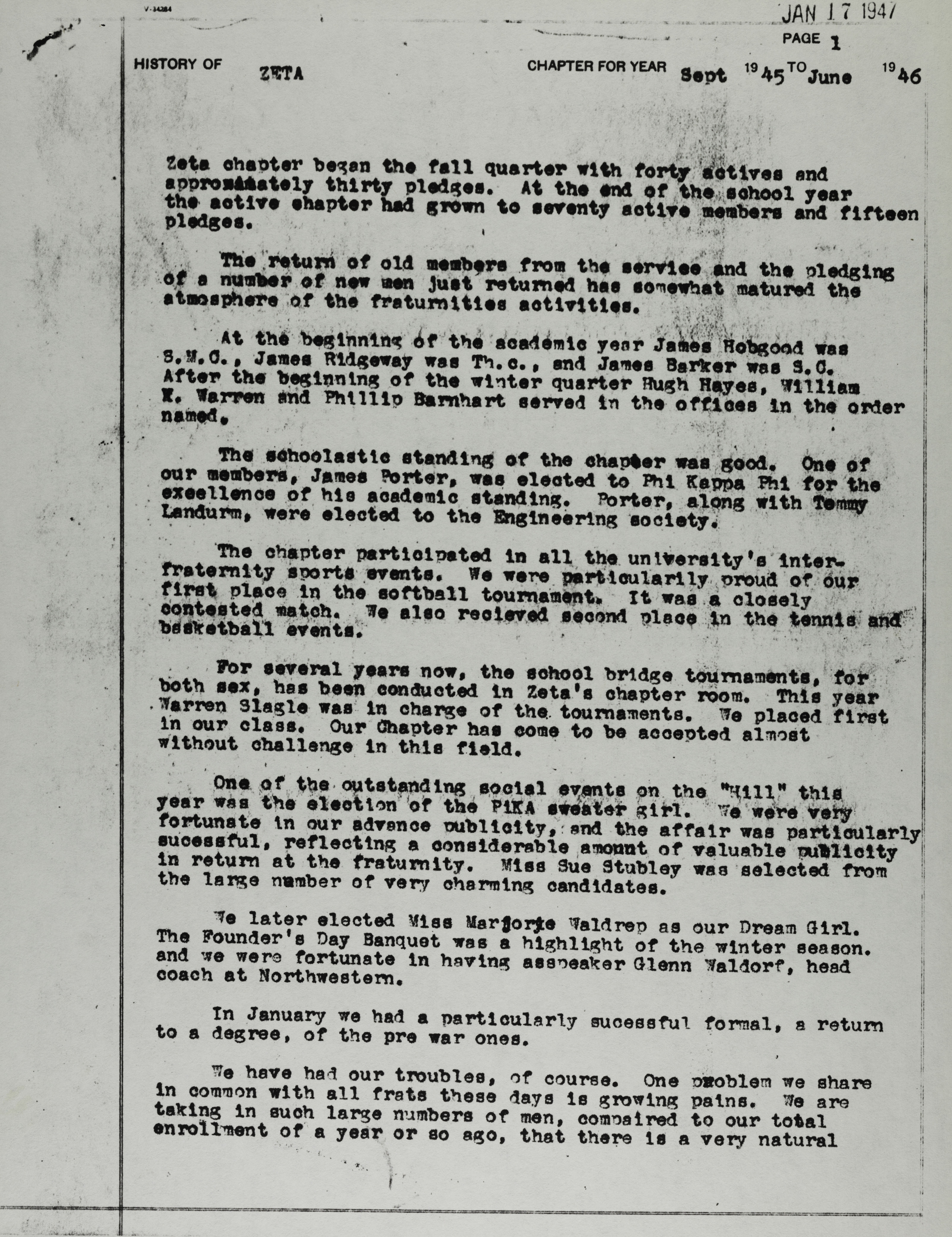 History of Zeta Chapter 2, September 1945- June 1946