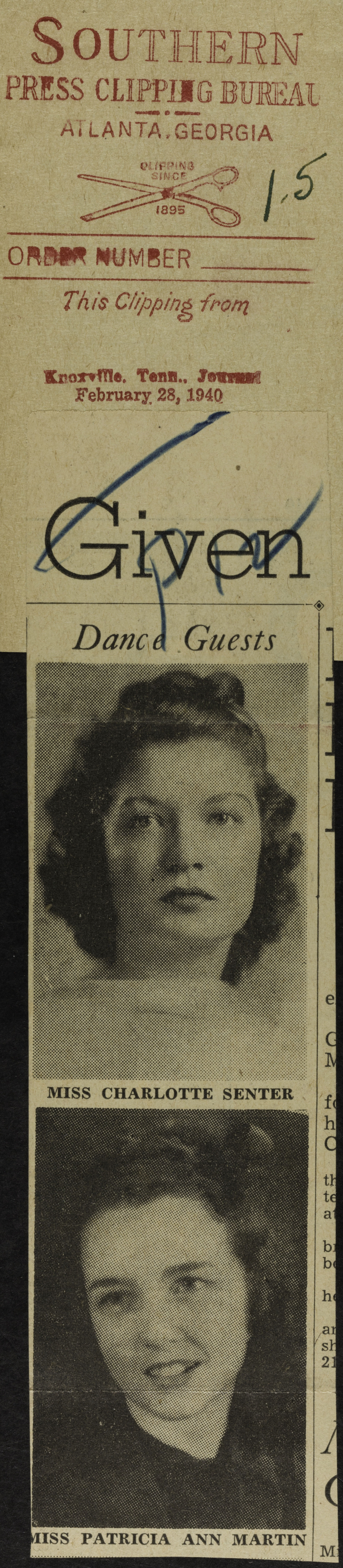 Dance Guests Newspaper Clipping, February 28, 1940