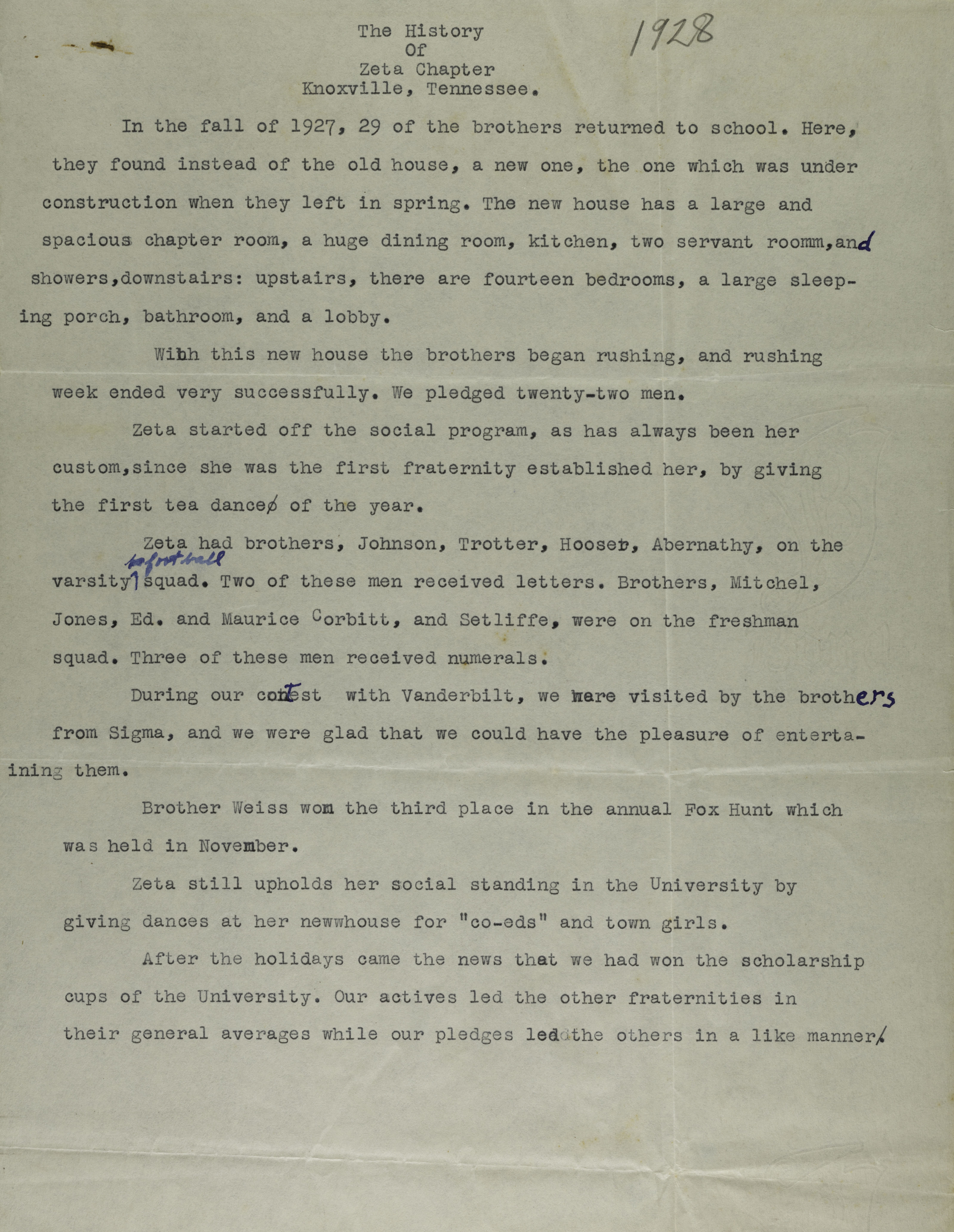 The History of Zeta Chapter, 1927-1928