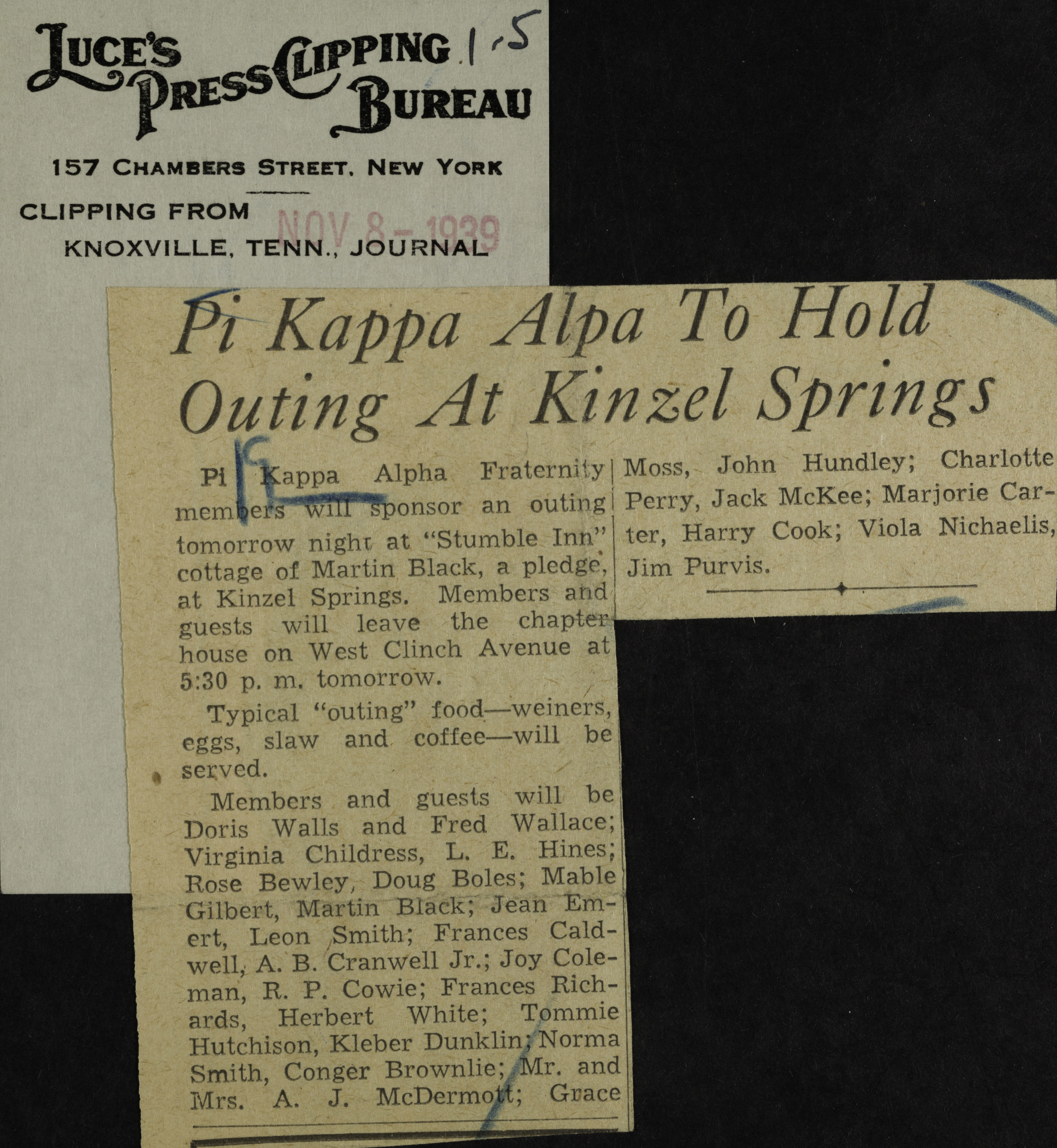 Pi Kappa Alpha to Hold Outing at Kinzel Springs Newspaper Clipping, November 8, 1939