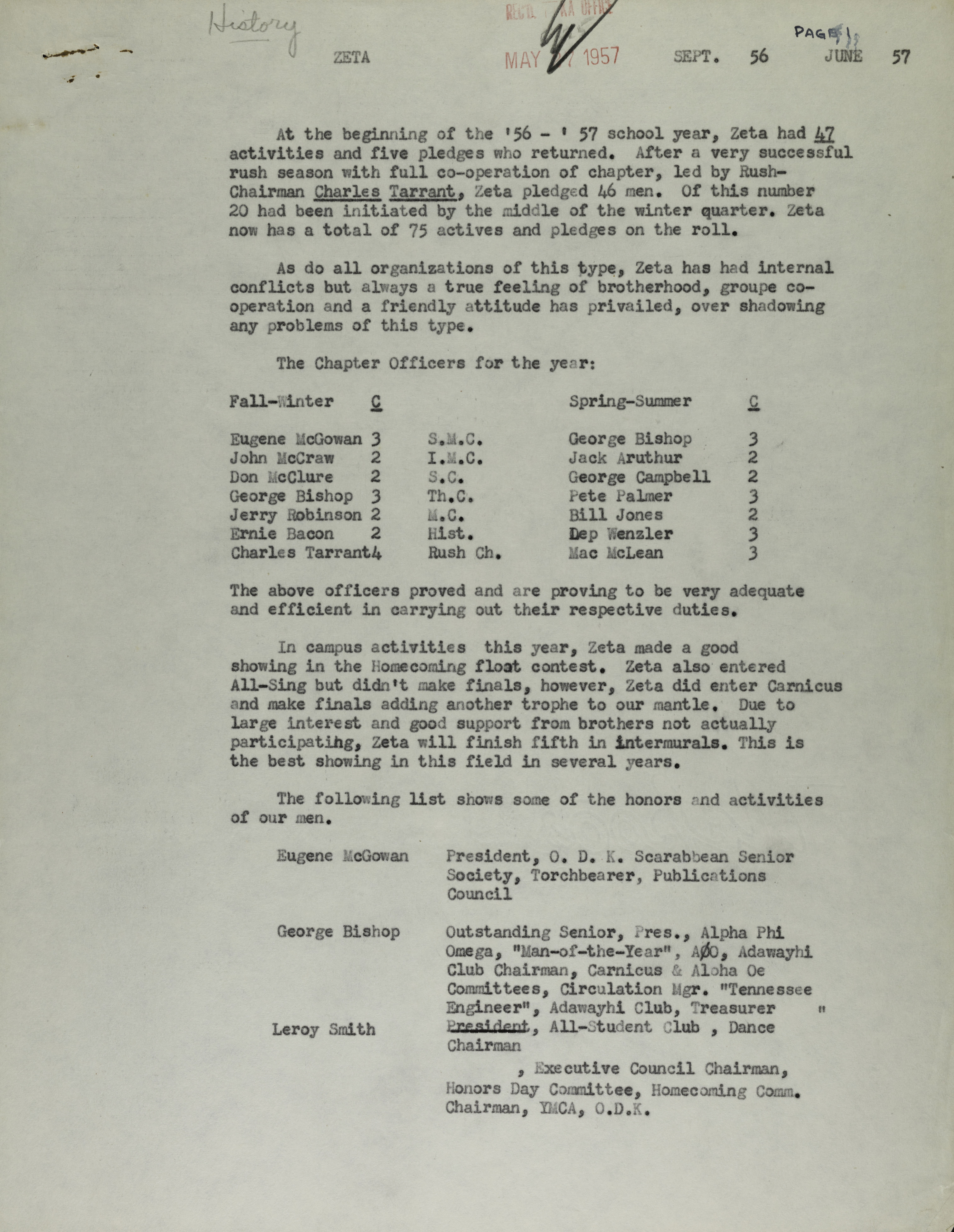 Zeta Chapter History, September 1956- June 1957