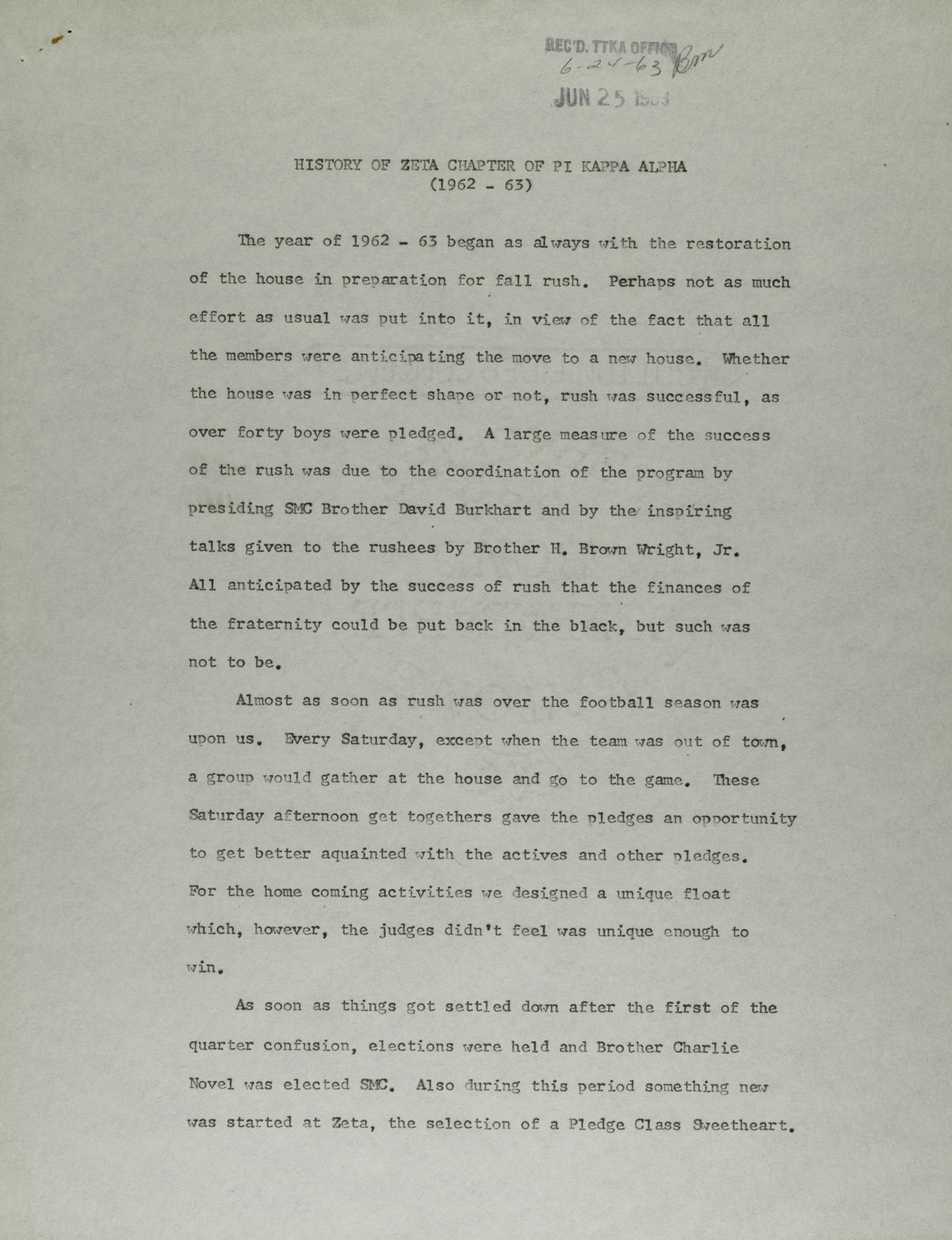 History of Zeta Chapter of Pi Kappa Alpha, 1962-1963