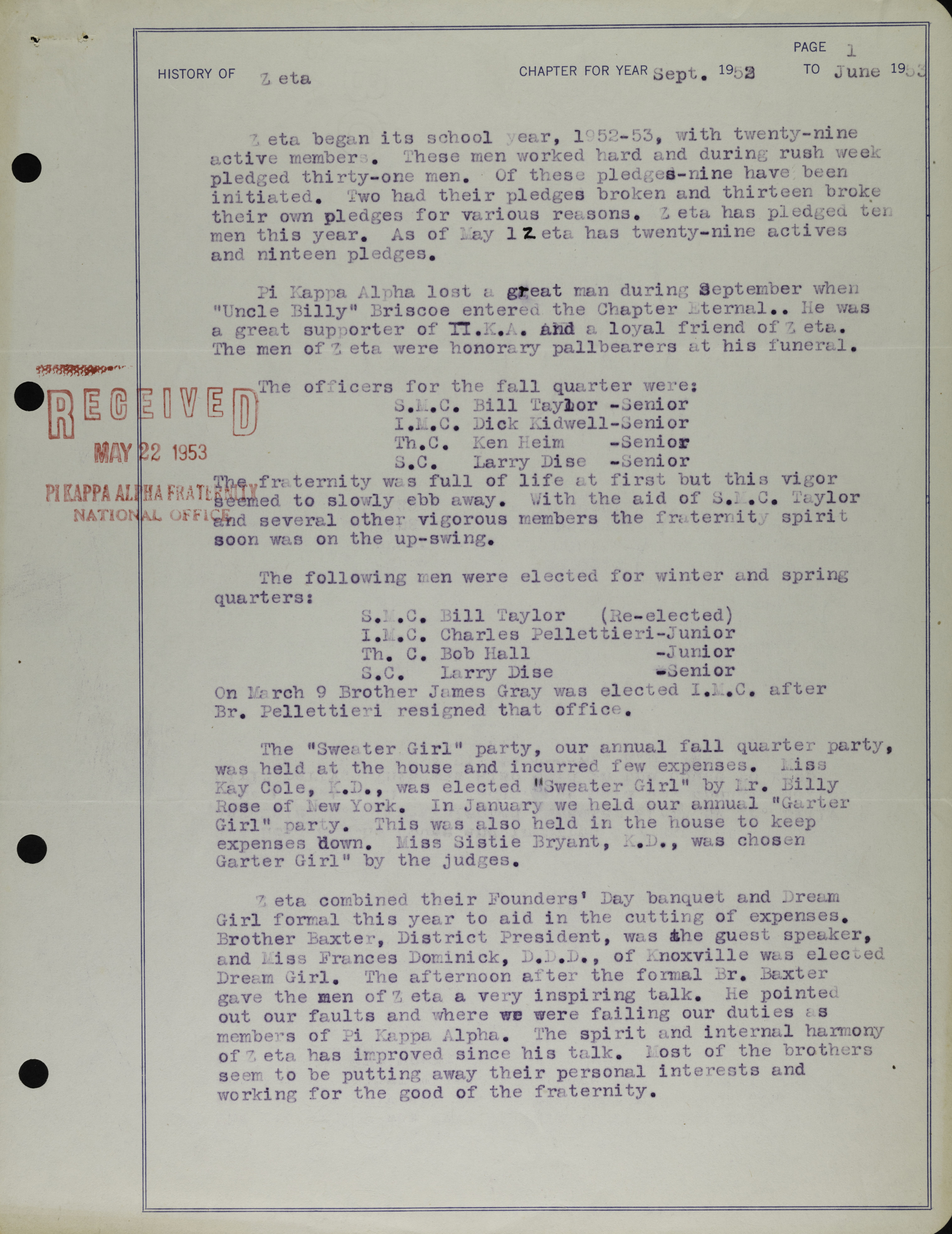 History of Zeta Chapter, September 1952- June 1953