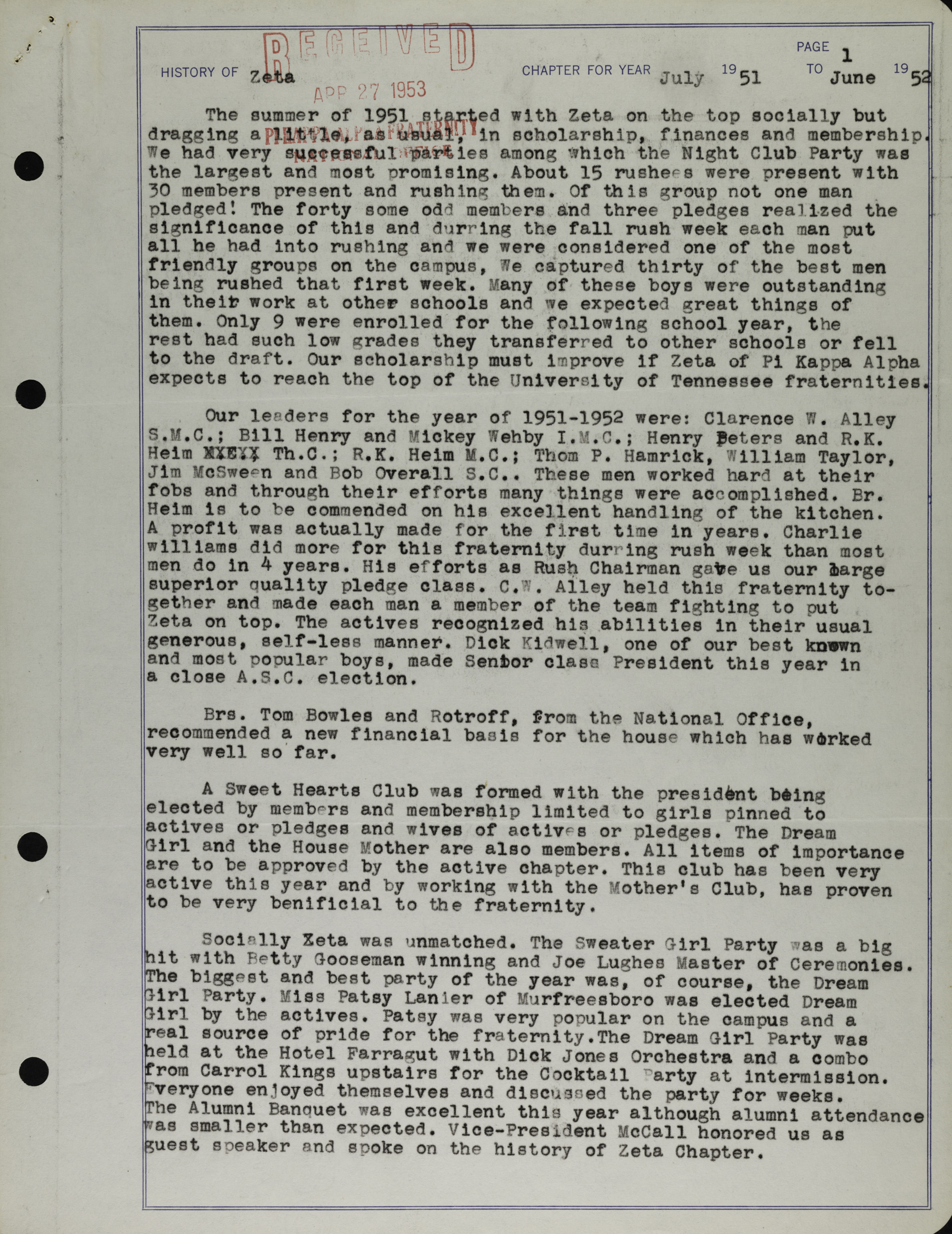 History of Zeta Chapter, July 1951- June 1952