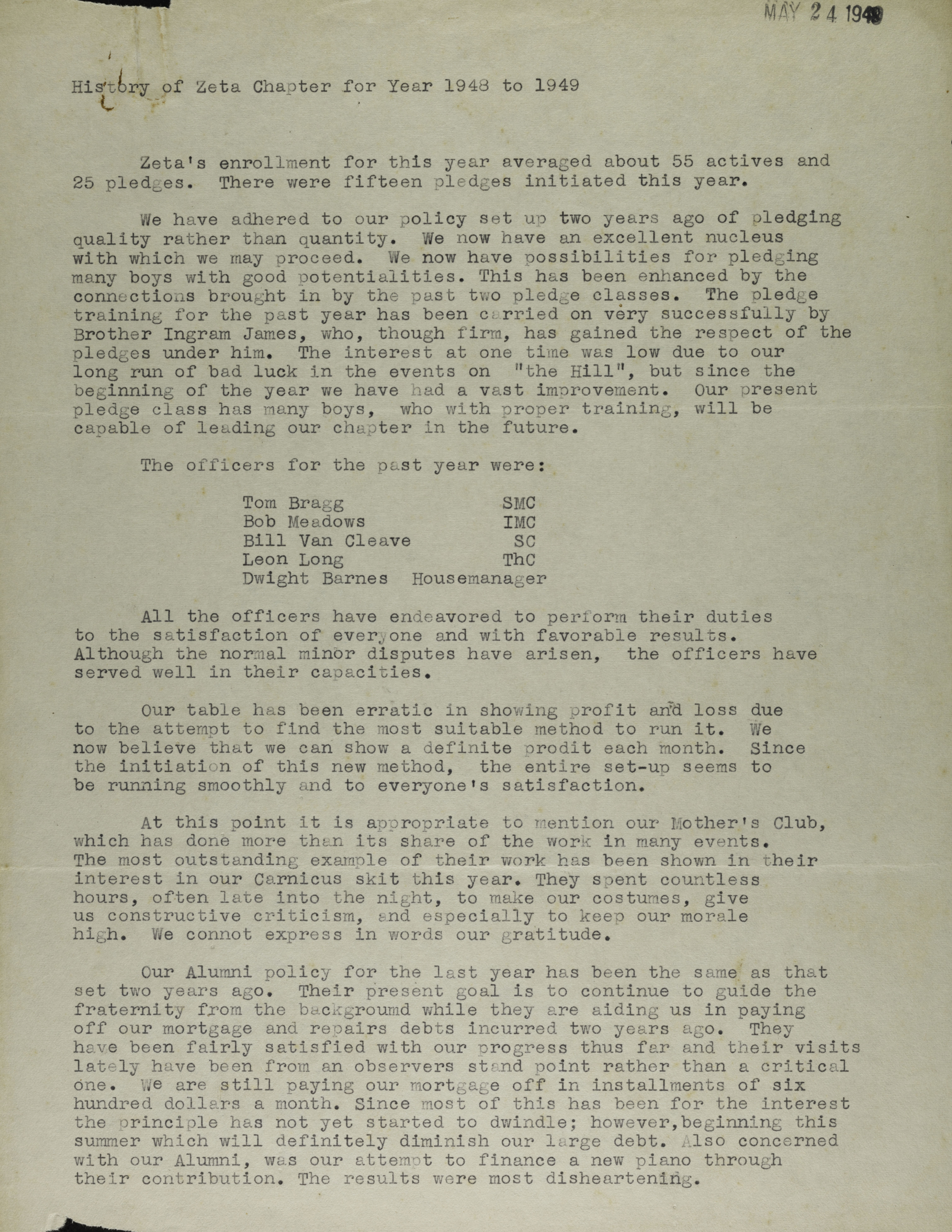 History of Zeta Chapter for Year 1948-1949