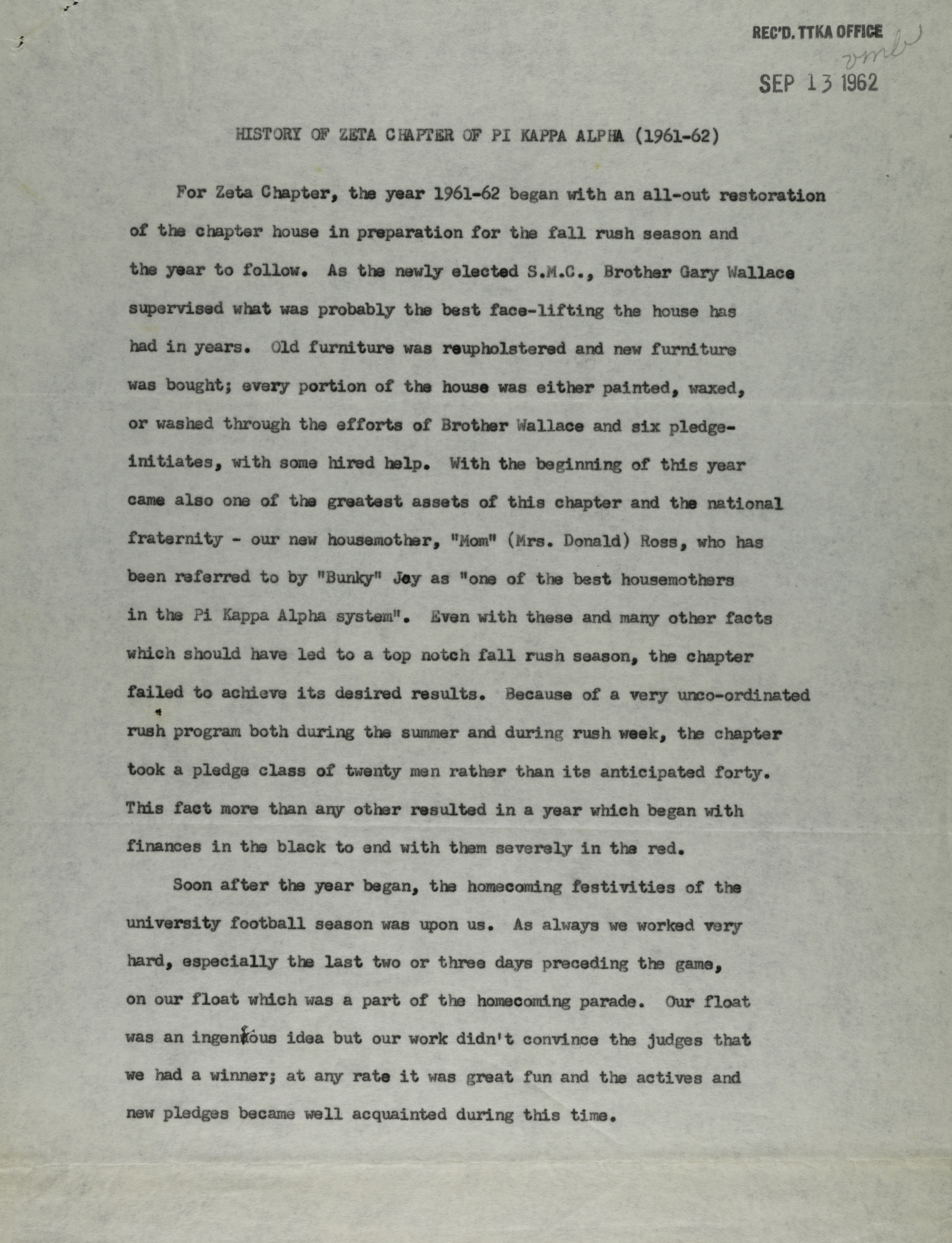 History of Zeta Chapter of Pi Kappa Alpha, 1961-1962