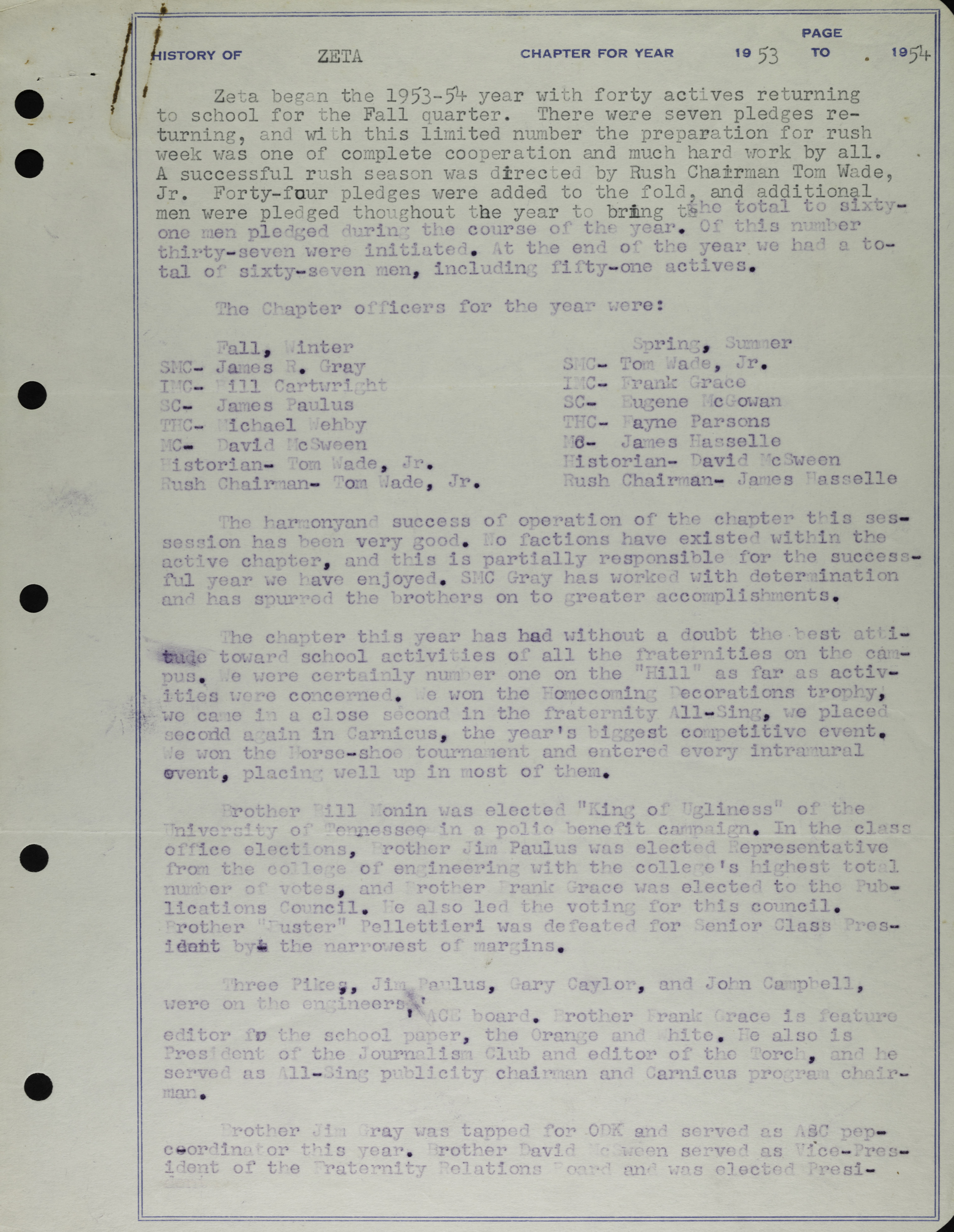 History of Zeta Chapter, 1953-1954