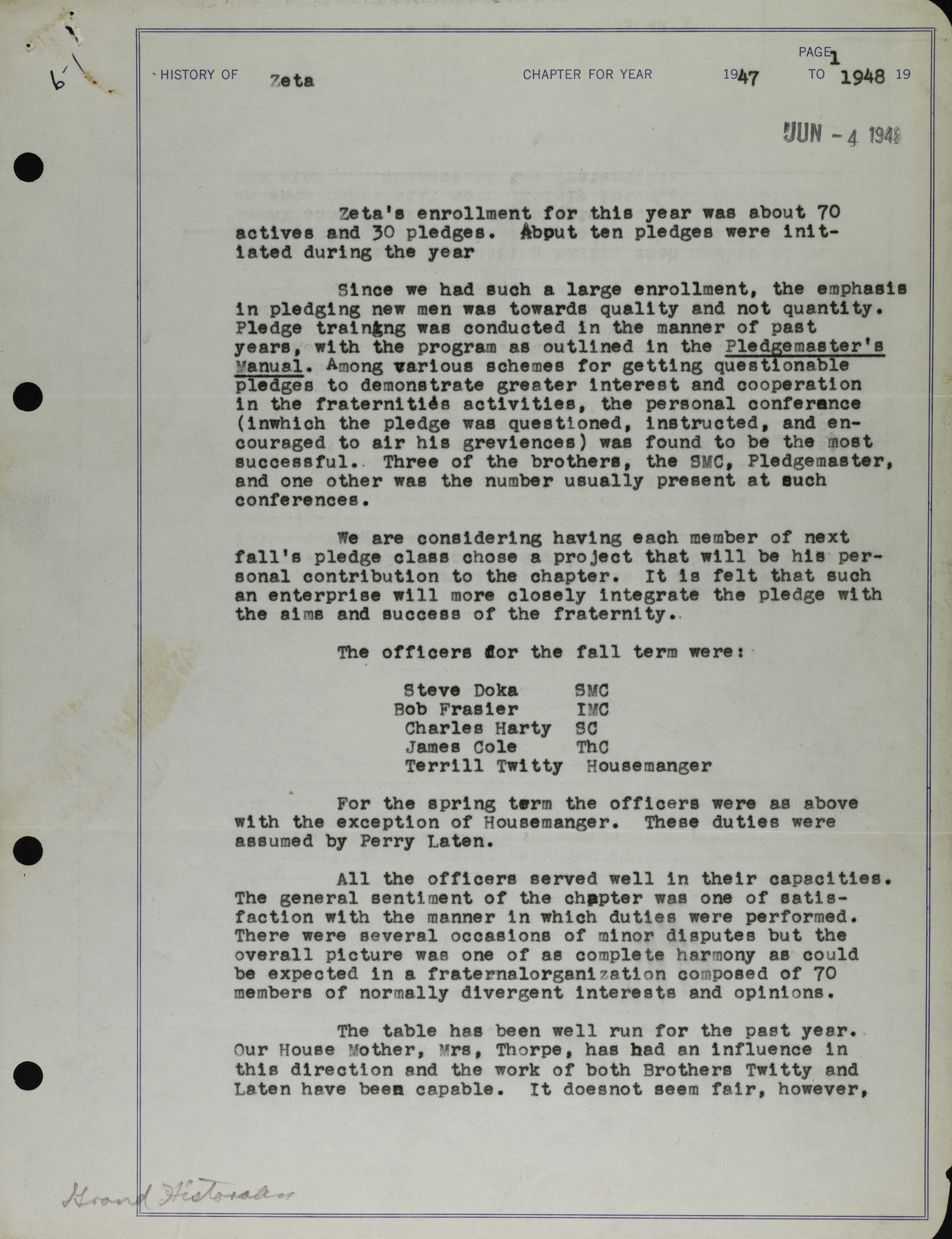 History of Zeta Chapter 1, 1947-1948