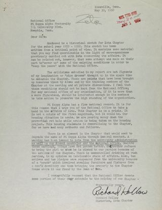 Richard Hollow to Pi Kappa Alpha Fraternity National Office Letter, May 30, 1960