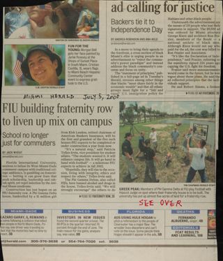 FIU Building Fraternity Row to Liven Up Mix on Campus Newspaper Clipping, July 5, 2000