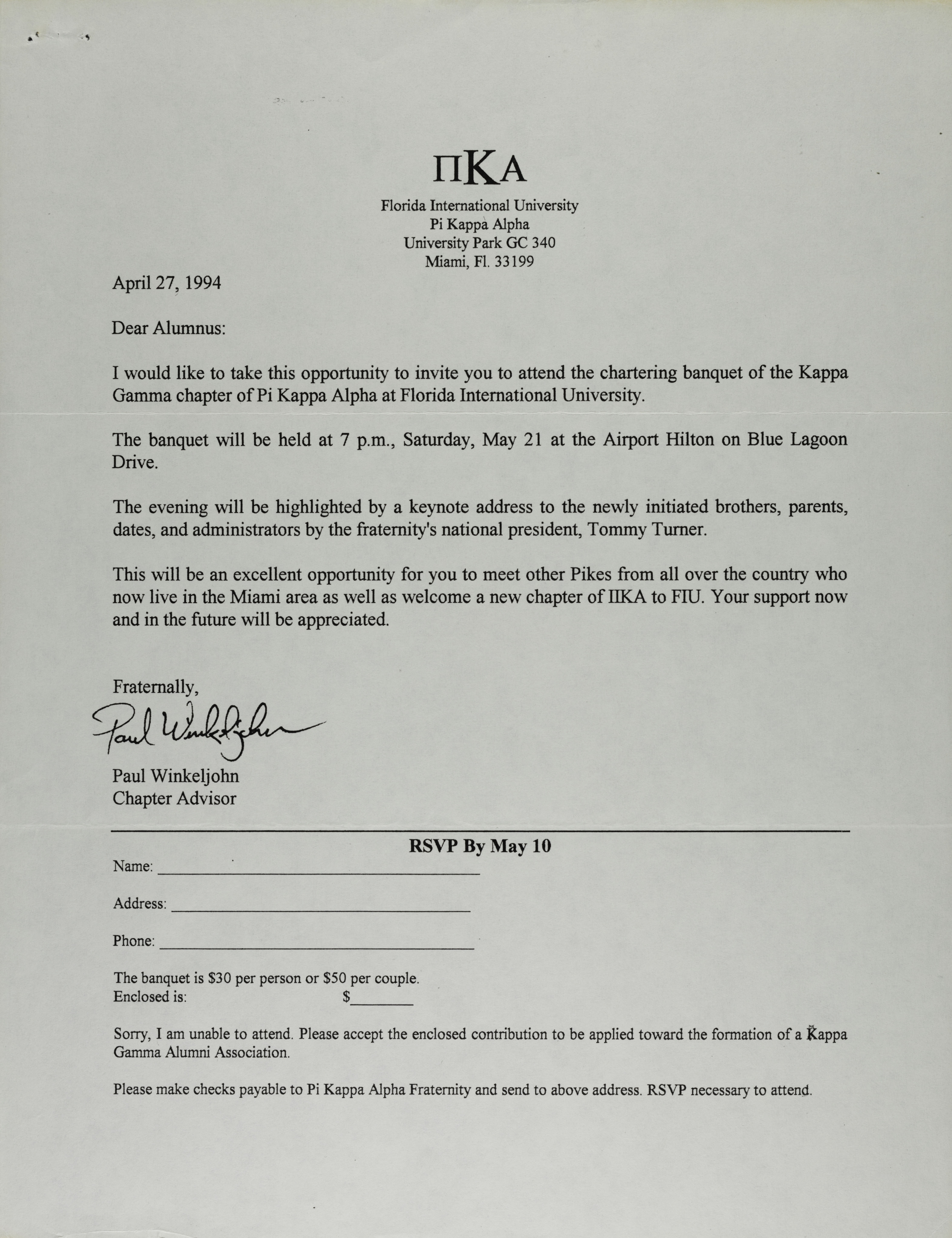 Paul Winkeljohn to Alumnus Letter, April 27, 1994