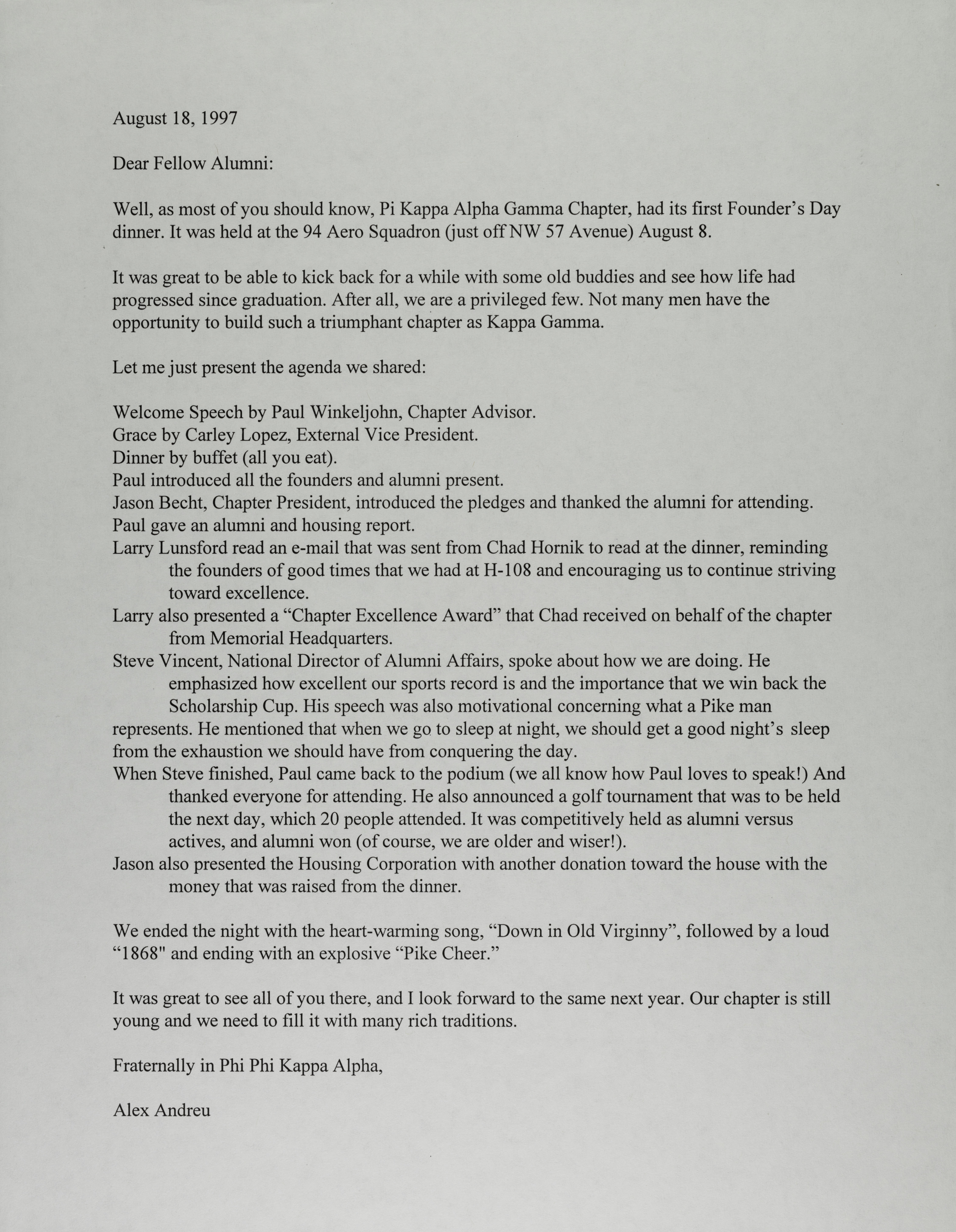 Alex Andreu to Fellow Alumni Letter, August 18, 1997