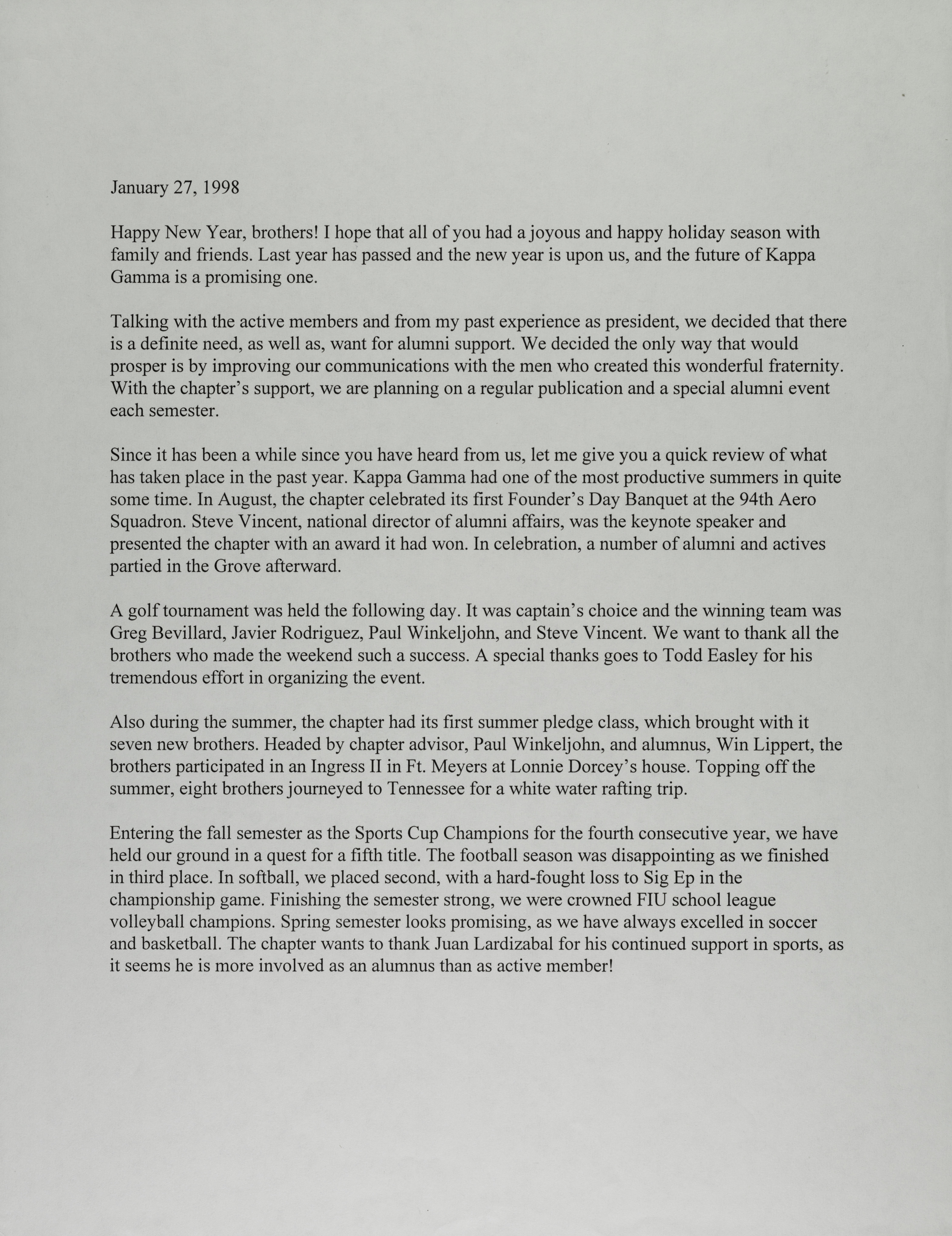 Jason Becht to Kappa Gamma Chapter Letter, January 27, 1998