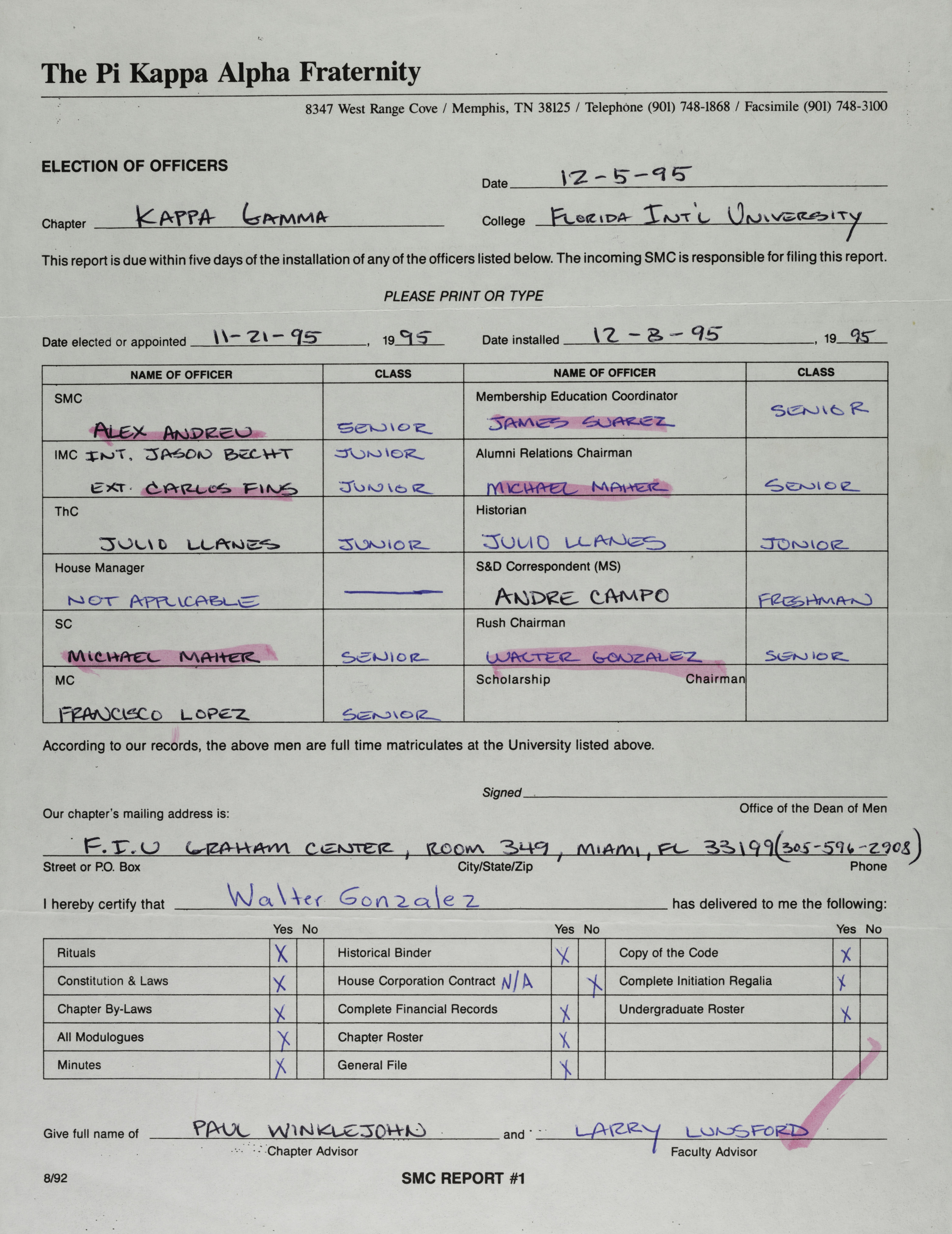 Pi Kappa Alpha Fraternity Election of Officers Form, December 5, 1995