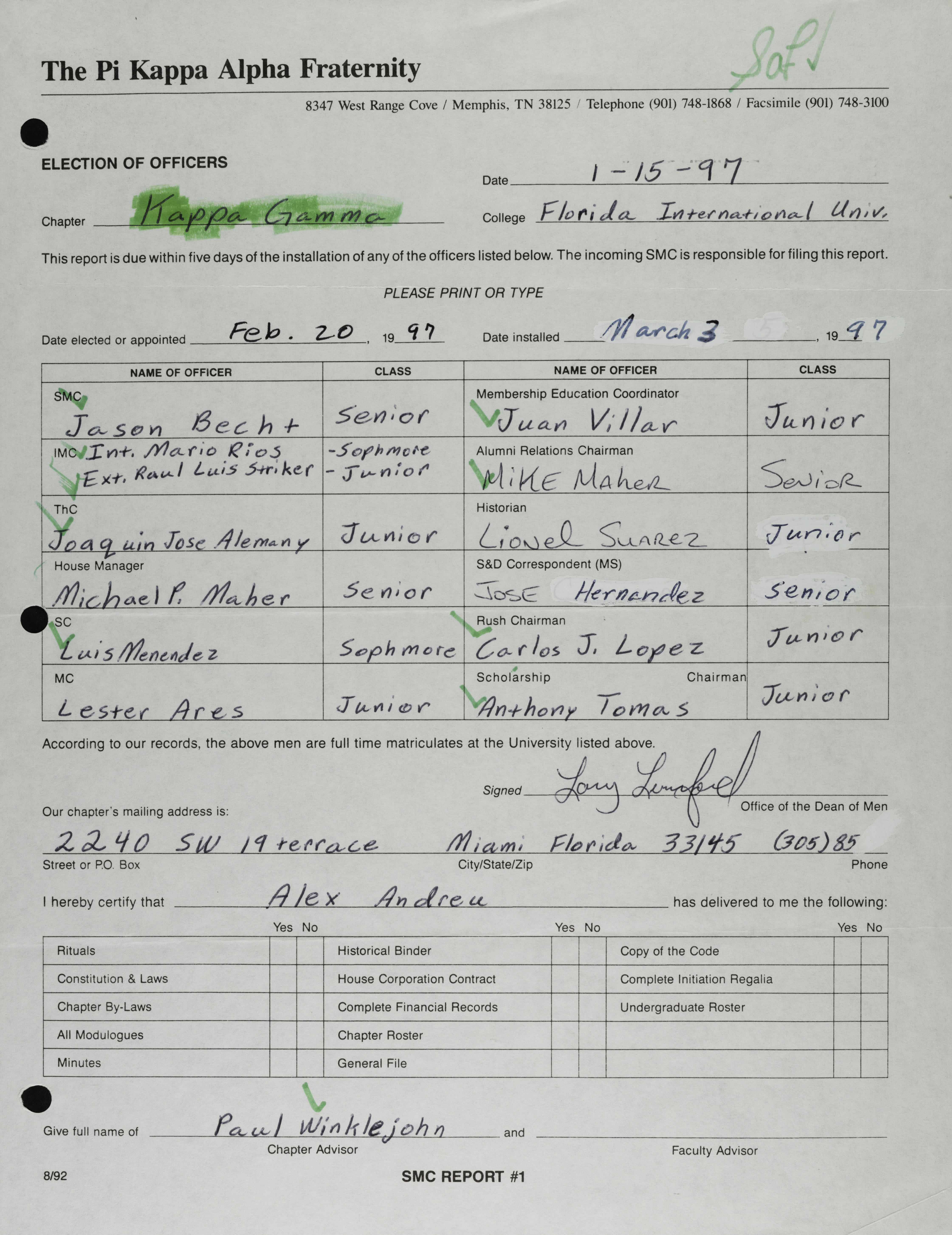 Pi Kappa Alpha Fraternity Election of Officers Form, January 15, 1997