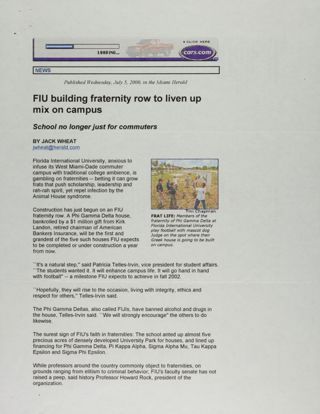 FIU Building Fraternity Row to Liven Up Mix on Campus, July 5, 2000