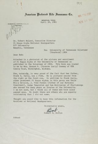 Robert Horton to Robert McLeod Letter, April 24, 1961