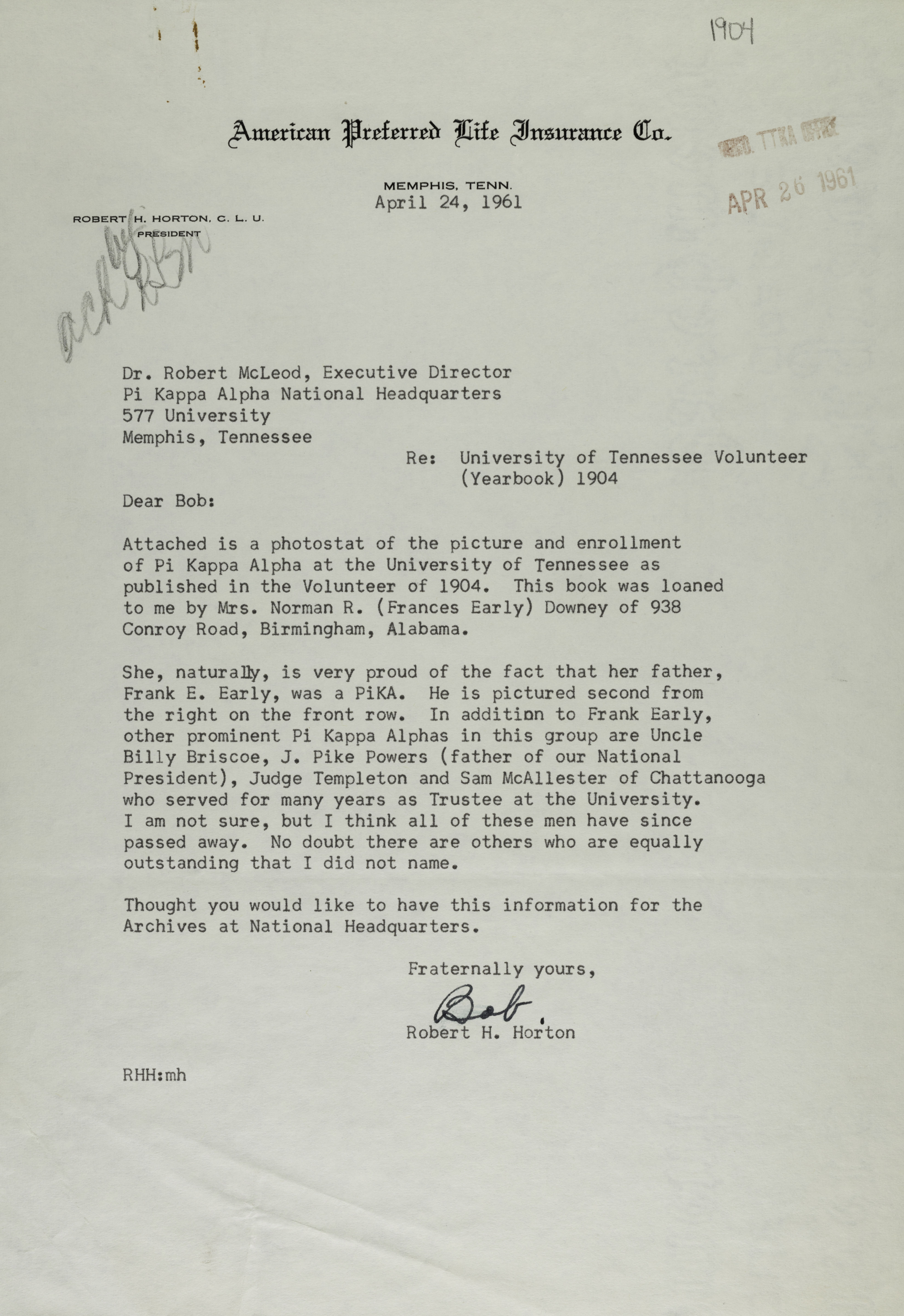 Robert Horton to Robert McLeod Letter, April 24, 1961